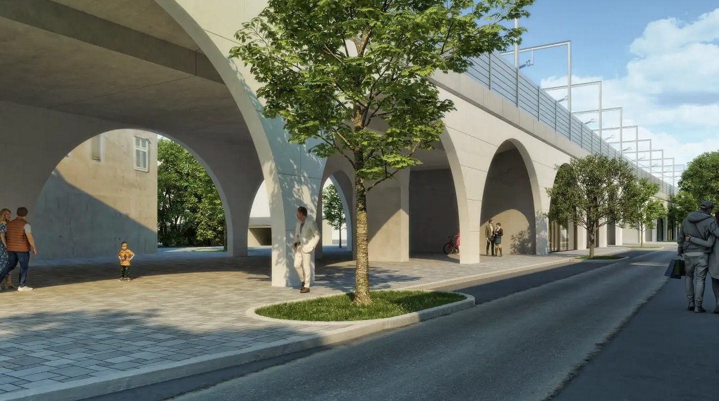 Visualisierung eines modernen Viadukts mit Bögen, Bäumen und Menschen im 2. Wiener Bezirk.