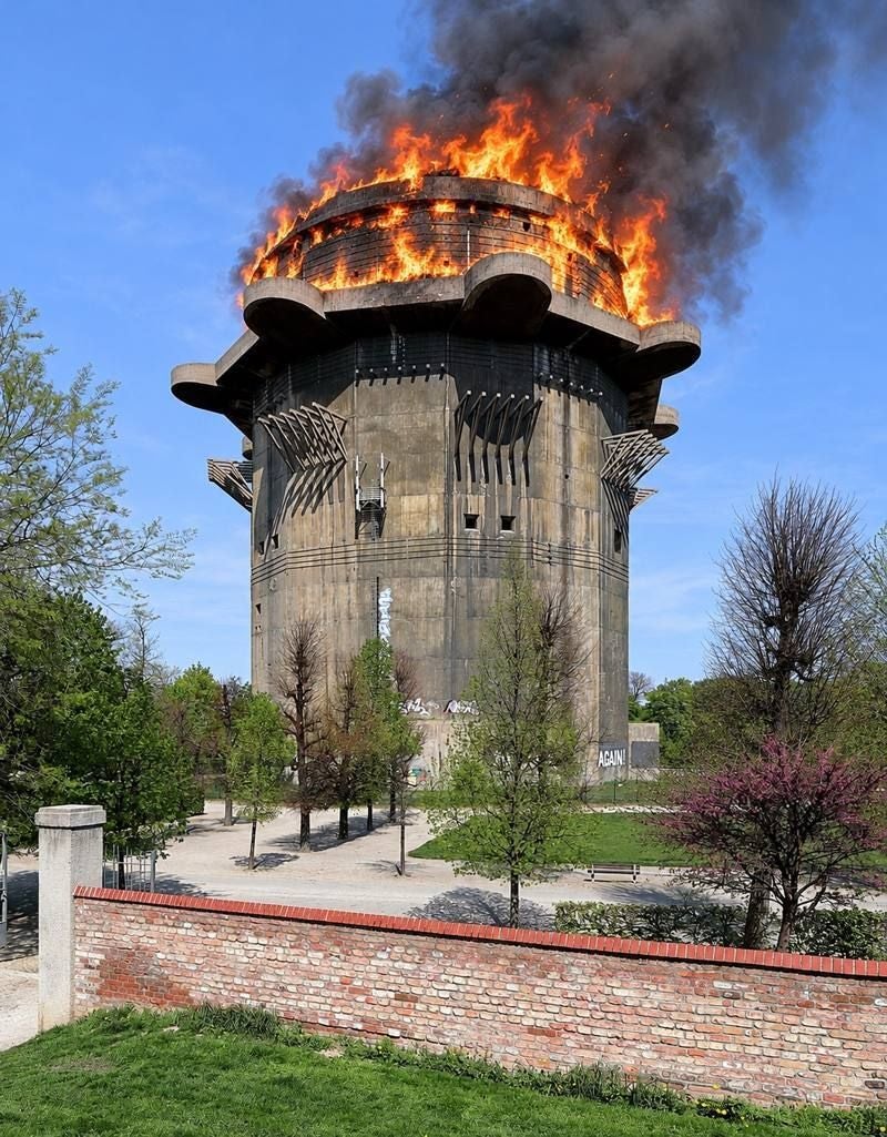 Künstlerische Darstellung eines Flakturms, dessen oberer Bereich in Flammen steht.