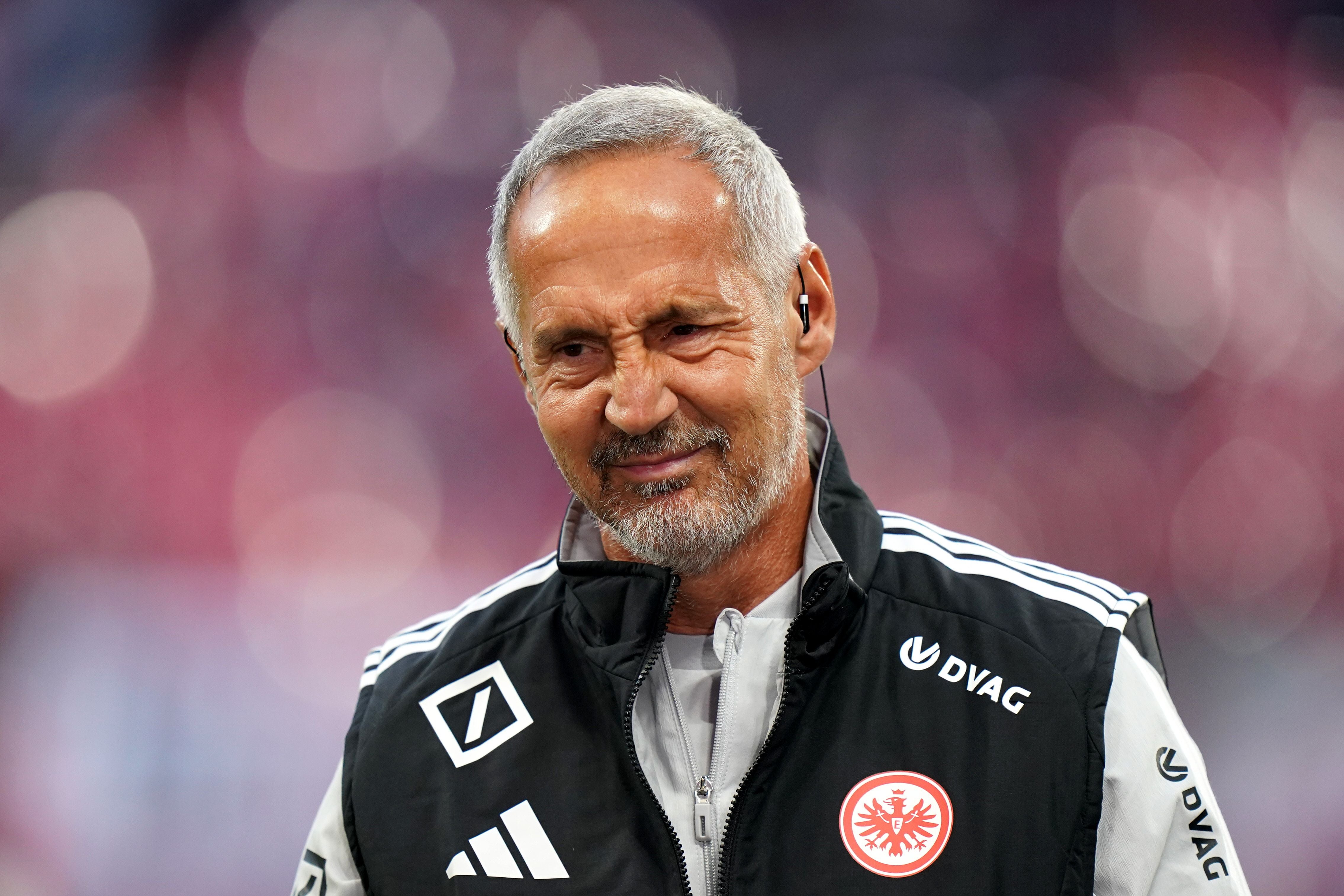 LEIPZIG, GERMANY - OCTOBER 10: Adi Hutter, Manager of Eintracht Frankfurt, looks on before the Bundesliga 2026/27 match between RB Leipzig and Eintracht Frankfurt at Red Bull Arena on October 10, 2026 in Leipzig, Germany. (Photo by Fabio Deinert/Getty Images)
