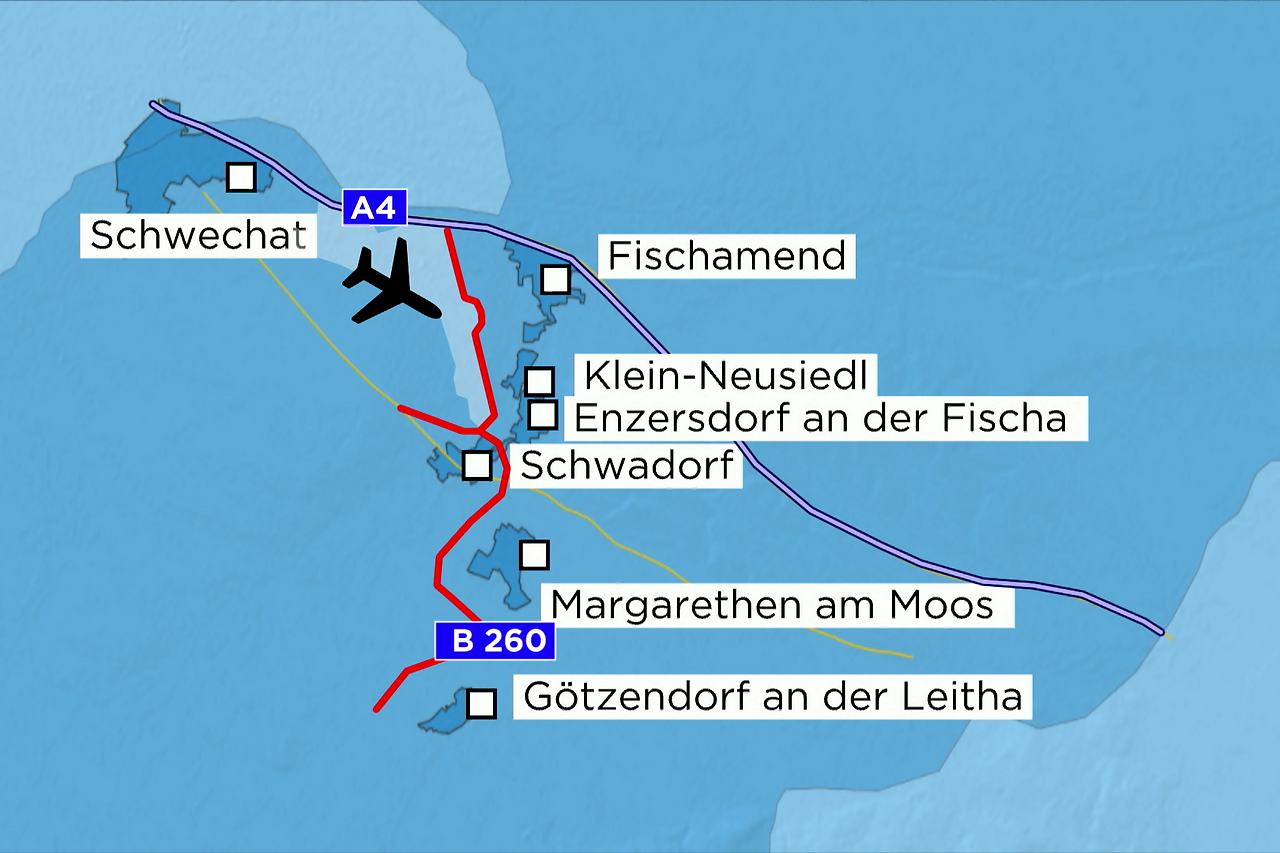 Fünf Gemeinden der Flughafen-Region rund um Schwechat (Bezirk Bruck a.d. Leitha) sollen künftig umfahren werden.