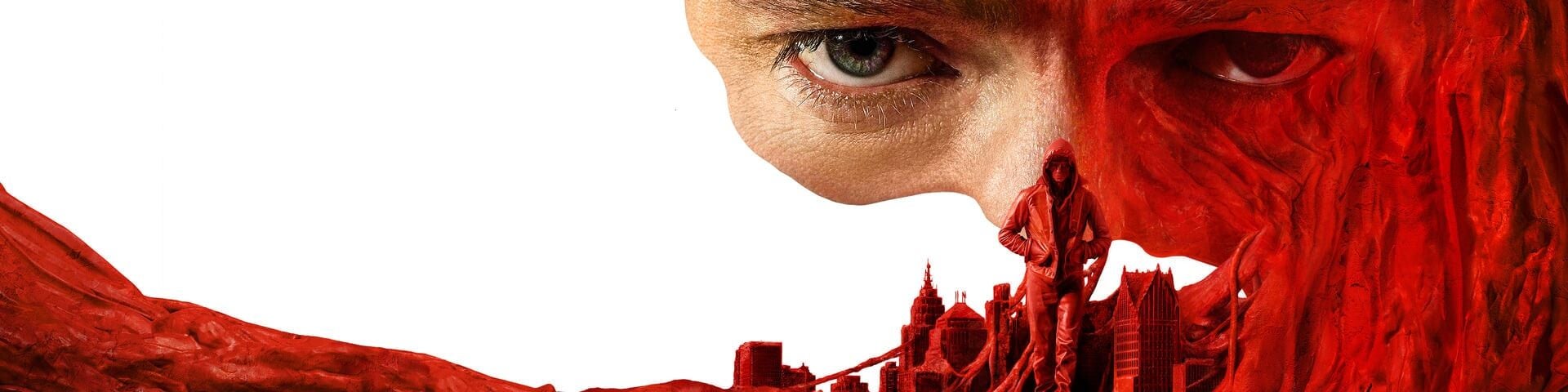 Zwei intensive Augen über einer roten Silhouette einer Stadt und einer gehenden Person in Rot.