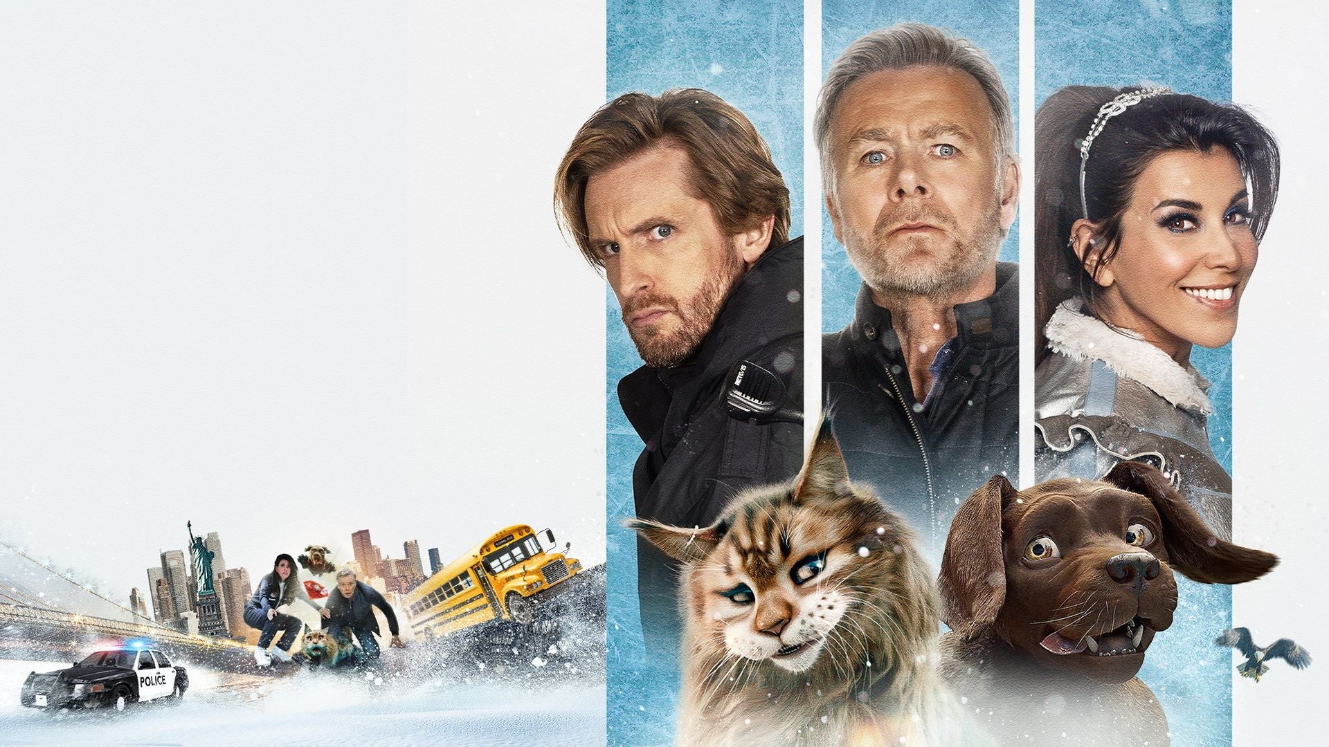 Drei Menschen, eine Katze und ein Hund sind prominent auf einem winterlichen Filmplakat abgebildet.