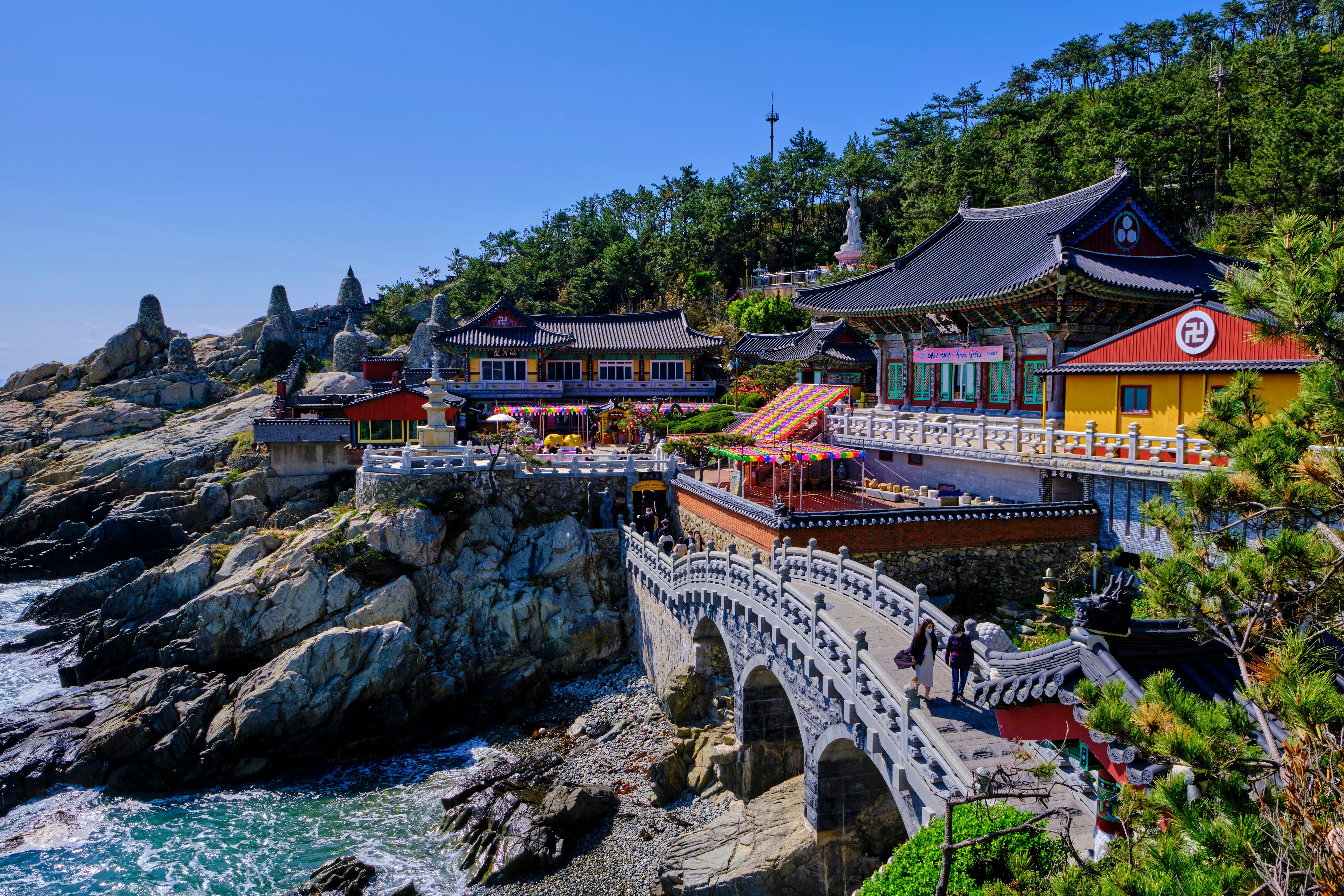 Buddhistischer Tempel Haedong Yonggungsa auf Klippen am Meer in Busan, umgeben von Bäumen.