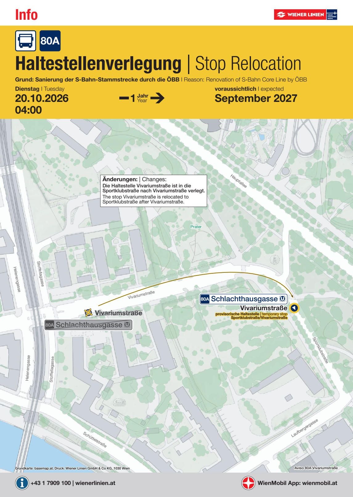 Informationsplakat zur Verlegung der 80A-Haltestelle Vivariumstraße in Wien mit Umzugsdetails und Stadtplan.