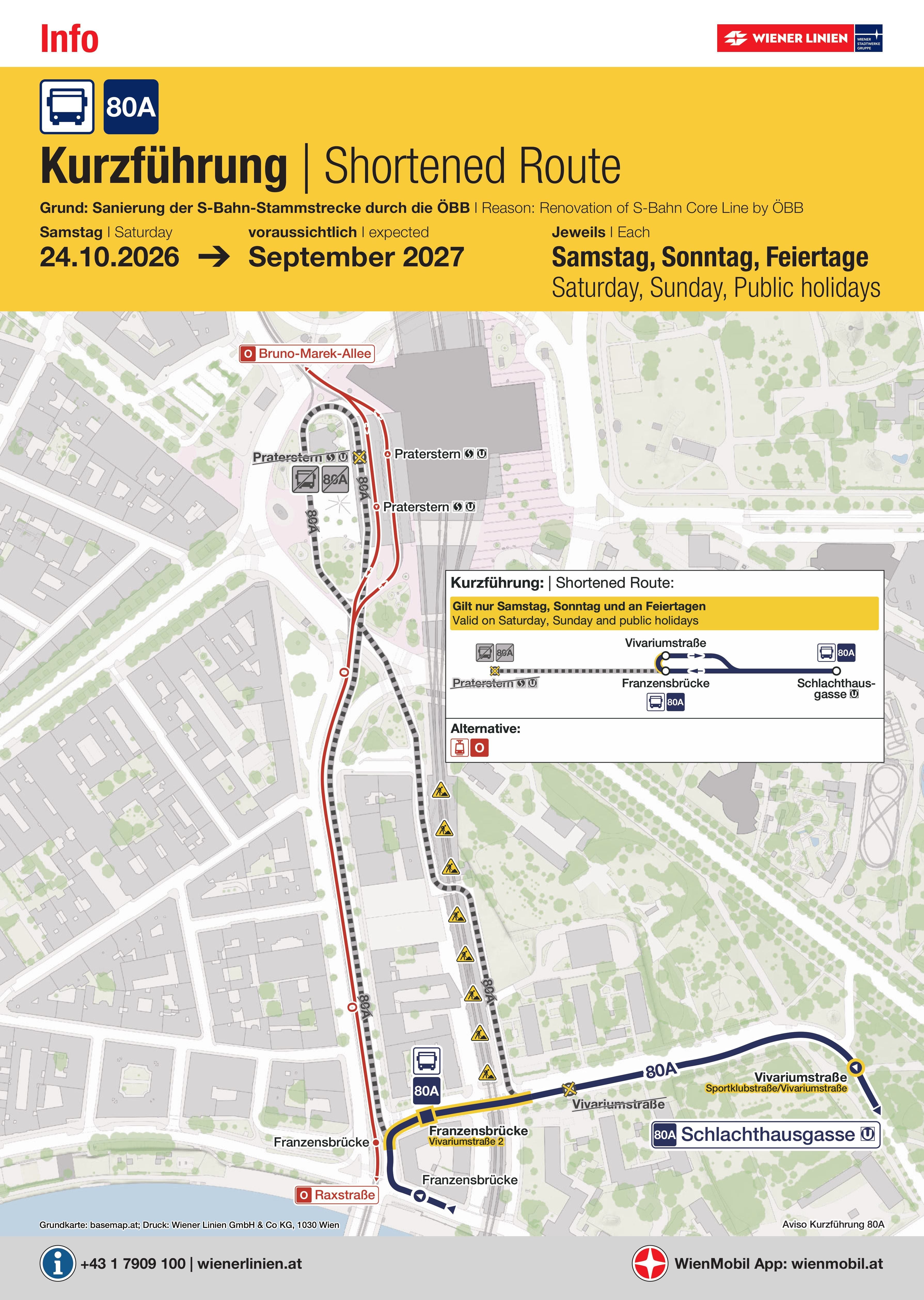 Informationsplakat zur Kurzführung der Buslinie 80A zwischen Franzensbrücke und Schlachthausgasse.
