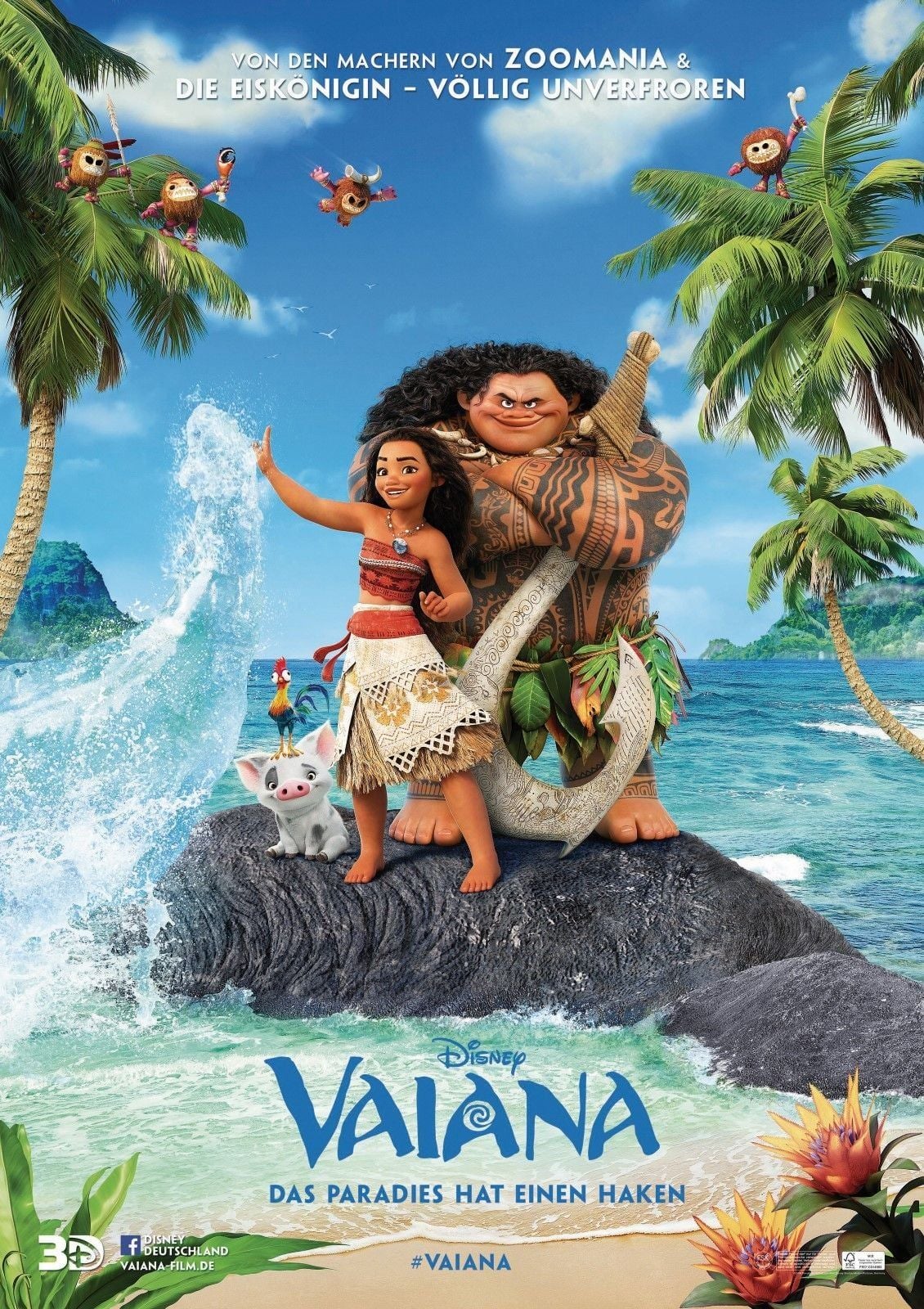 Filmplakat von Disney's "Vaiana" mit den Hauptfiguren Vaiana, Maui, einem Hahn und einem Schwein.