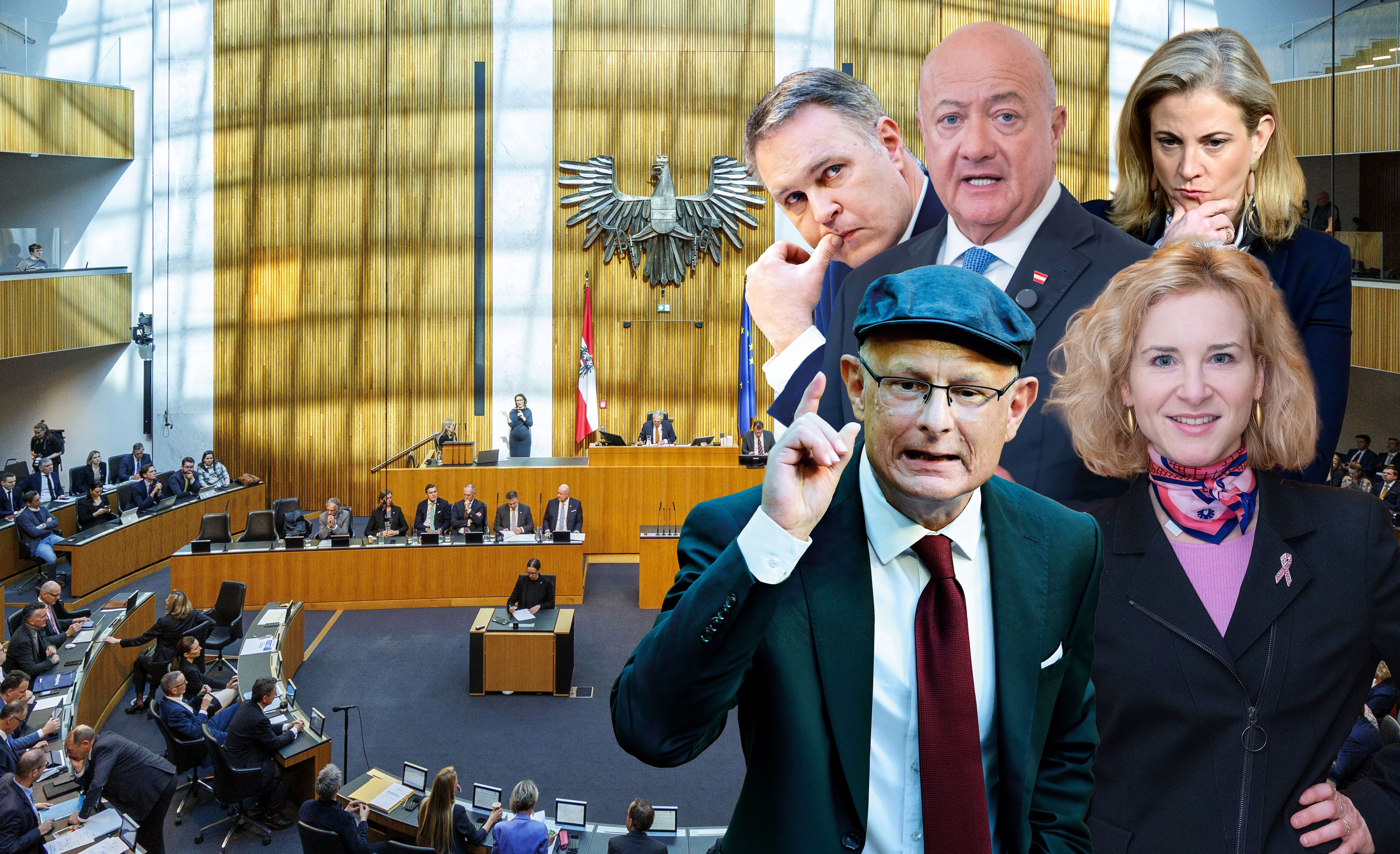Andreas Babler, Christian Stocker, Beate Meinl-Reisinger, Markus Marterbauer&nbsp; und Eva-Maria Holzleitner.