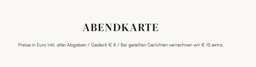 Text "ABENDKARTE" mit Hinweisen zu Preisen, Gedeck und Zuschlag für geteilte Gerichte im Café Imperial.