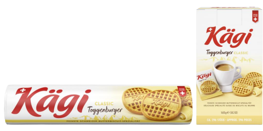 Kägi Toggenburger Butterkekse in Verpackung und auf einer Packung neben einer Tasse Kaffee.