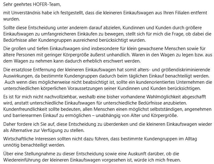 Brief eines Kunden an Hofer bezüglich der Entfernung kleiner Einkaufswagen aus den Filialen.