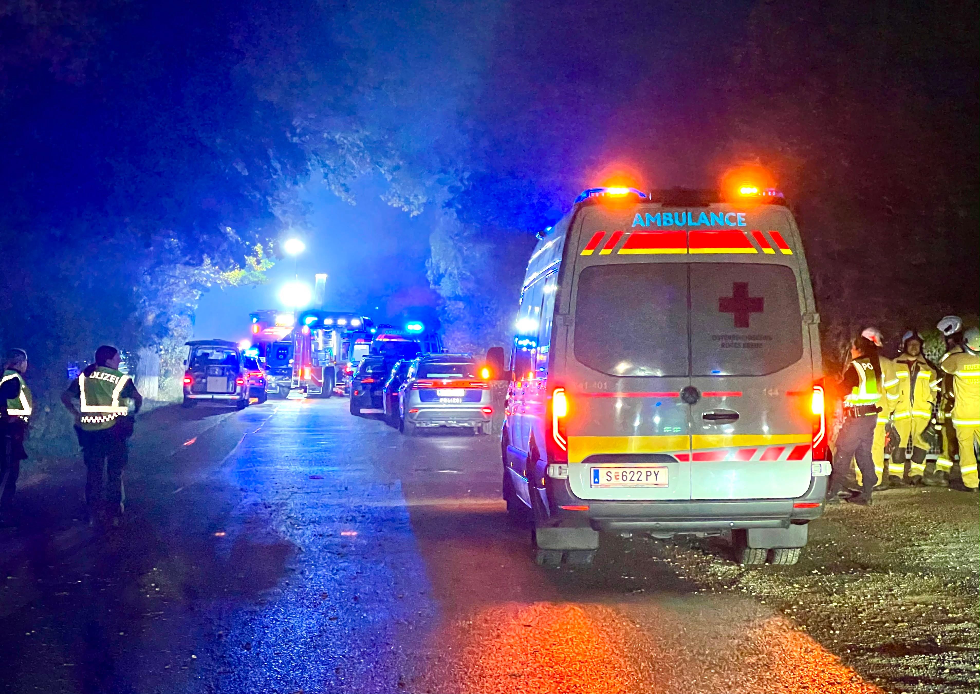 Rettungskräfte, Feuerwehr und Polizei bei nächtlichem Einsatz mit Blaulicht auf einer Landstraße.