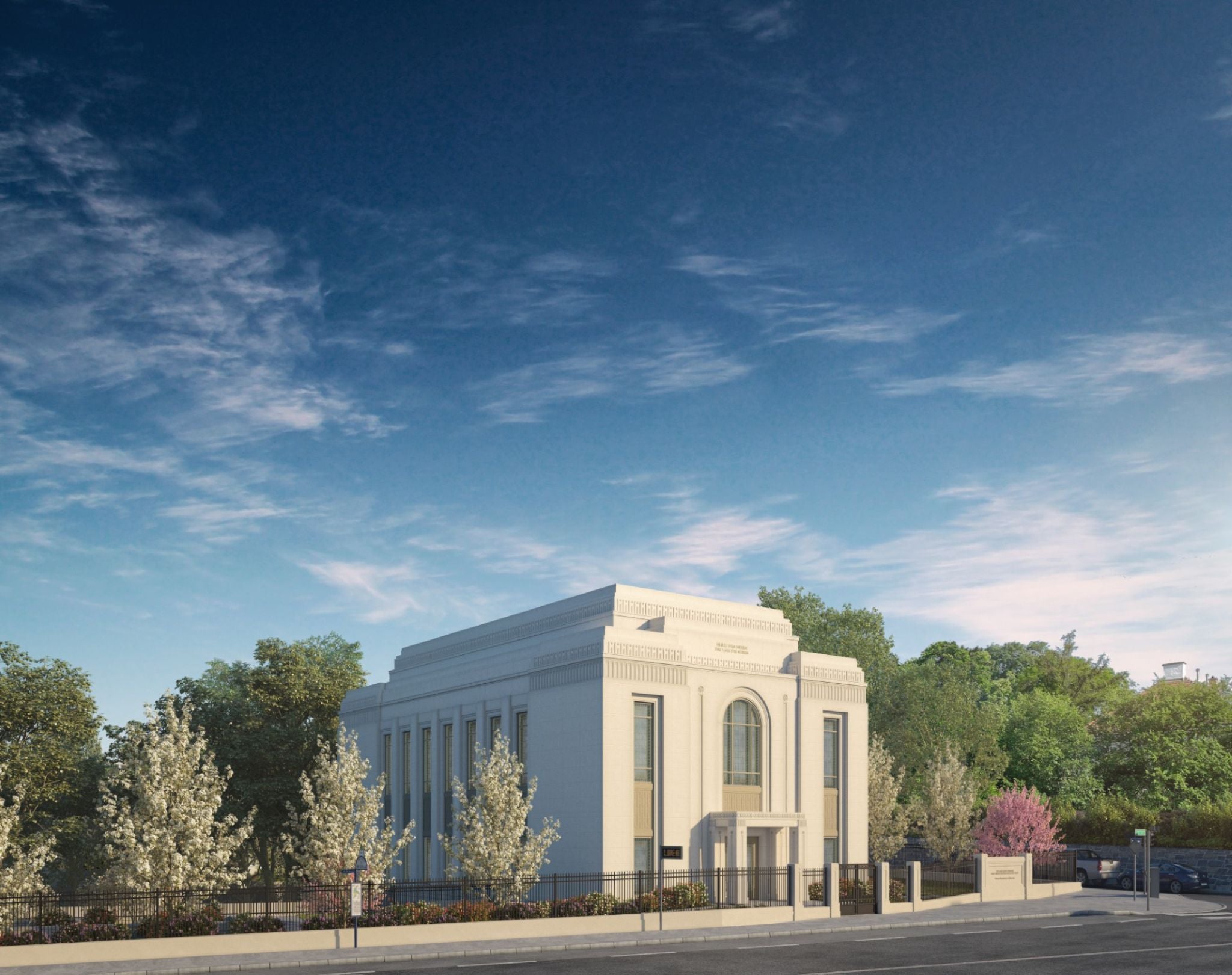 Rendering eines modernen, hellen Tempelgebäudes in Wien, umgeben von blühenden Bäumen.