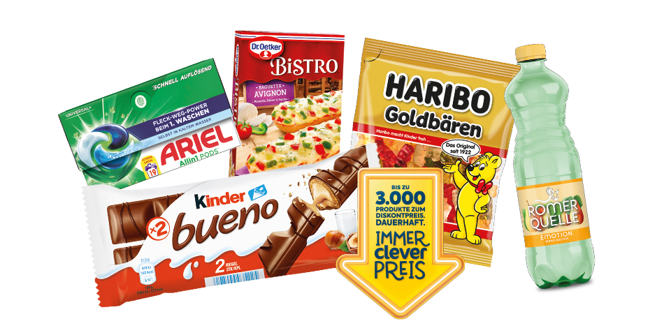 Verschiedene Markenprodukte, darunter Ariel, Kinder Bueno, Haribo, Römerquelle und Dr. Oetker.