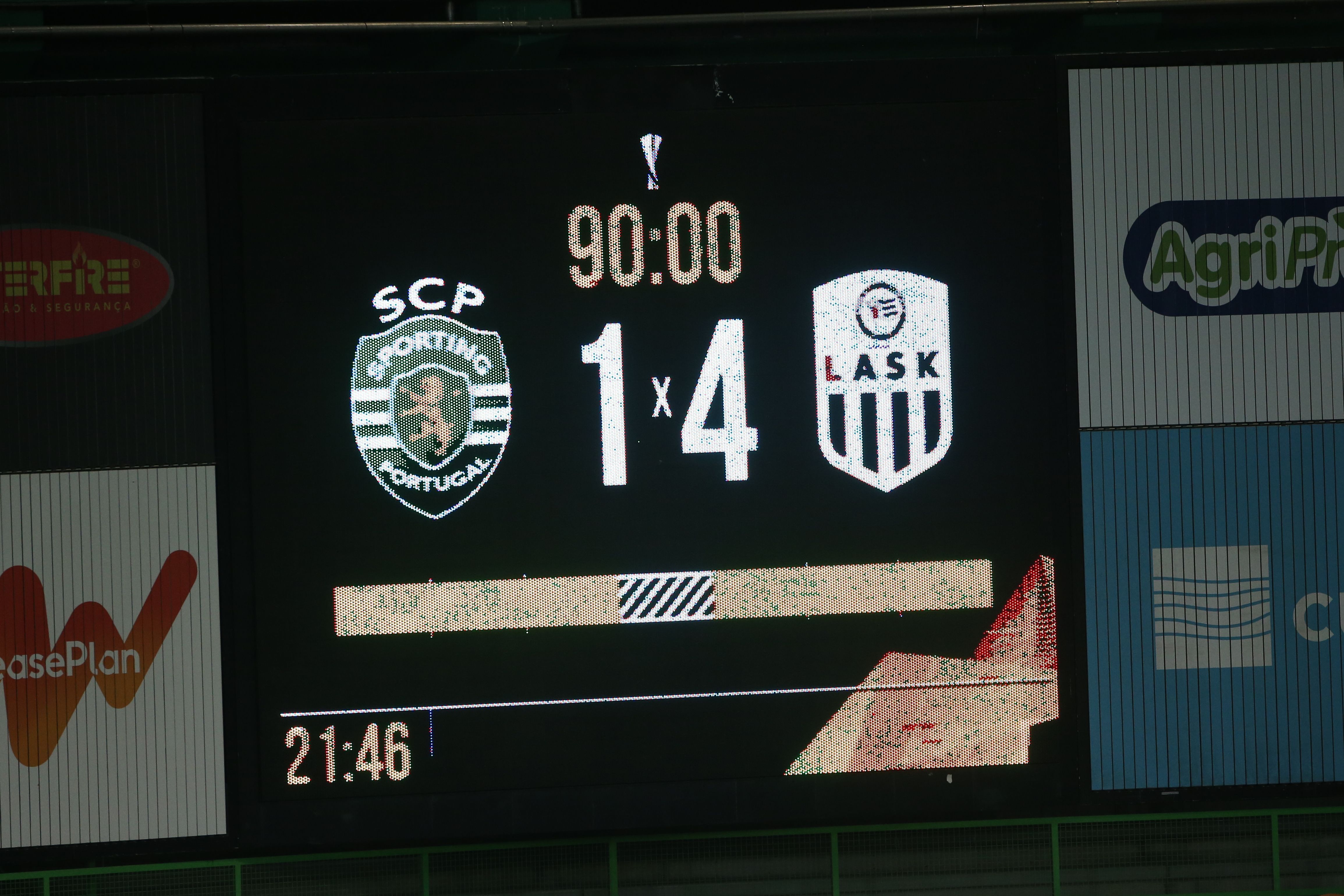 LISBON,PORTUGAL,01.OCT.20 - SOCCER - UEFA Europa League, play off, Sporting Lissabon CP vs Linzer ASK. Image shows the scoreboard. Photo: GEPA pictures/ Manfred Binder