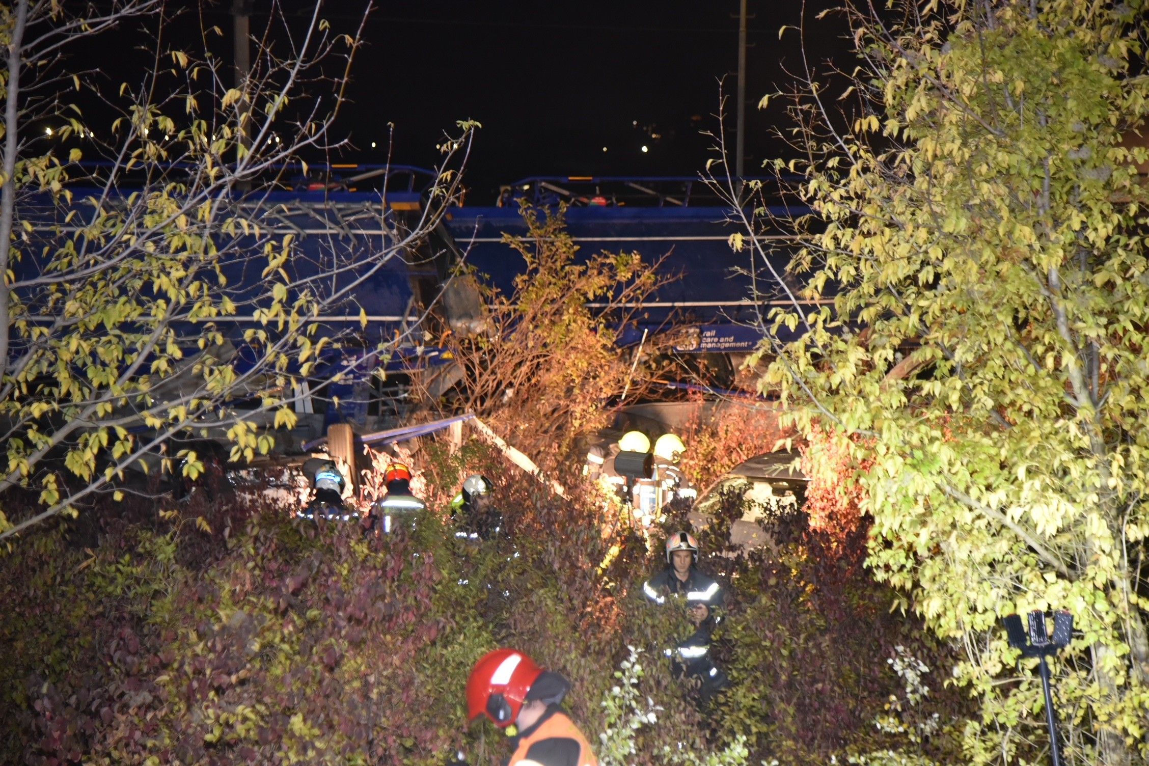 Ein Zug steht nachts hinter Bäumen, während Einsatzkräfte davor arbeiten.