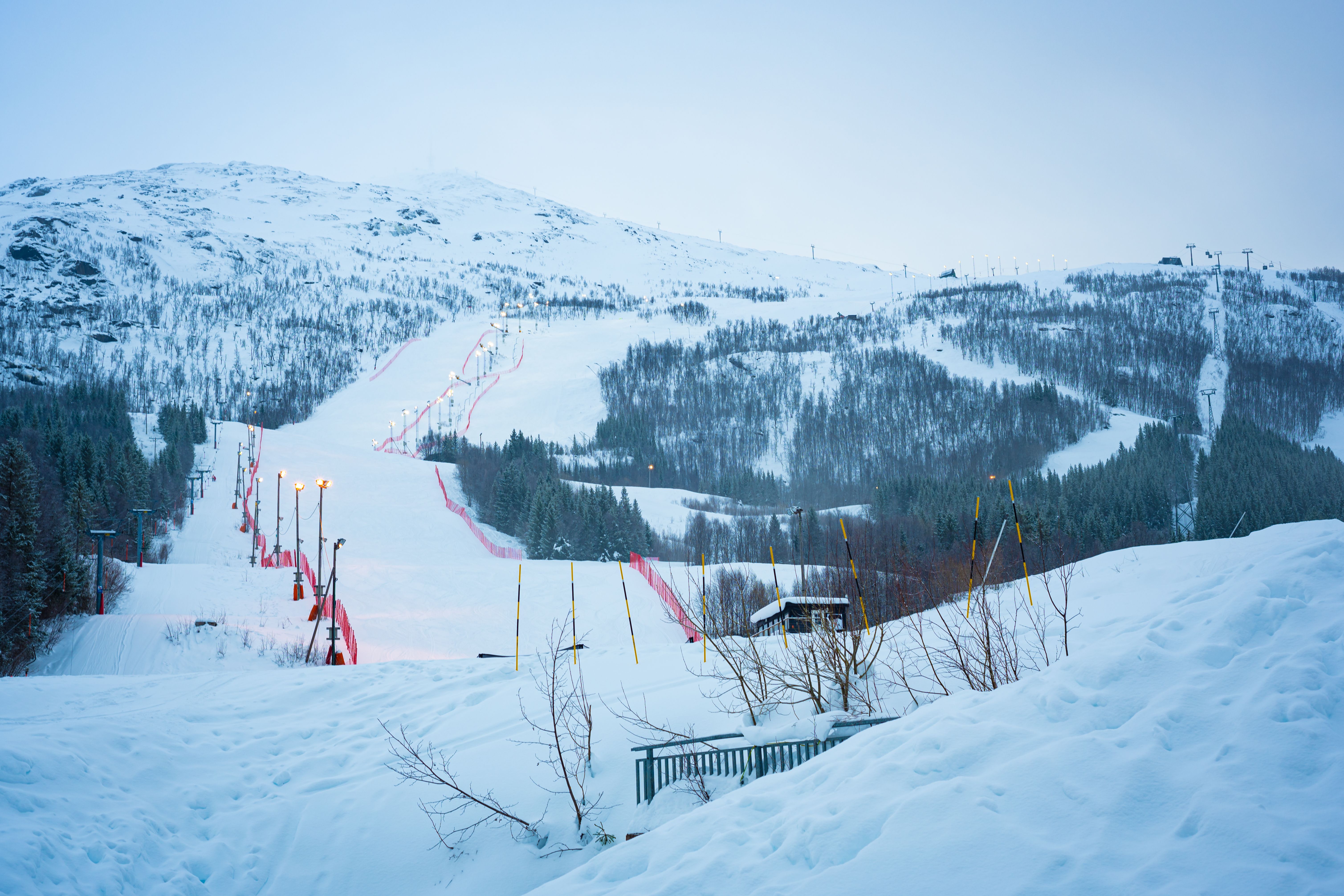 Beleuchtete Skipiste im verschneiten Skigebiet Narvikfjellet in Norwegen, umgeben von Bäumen.