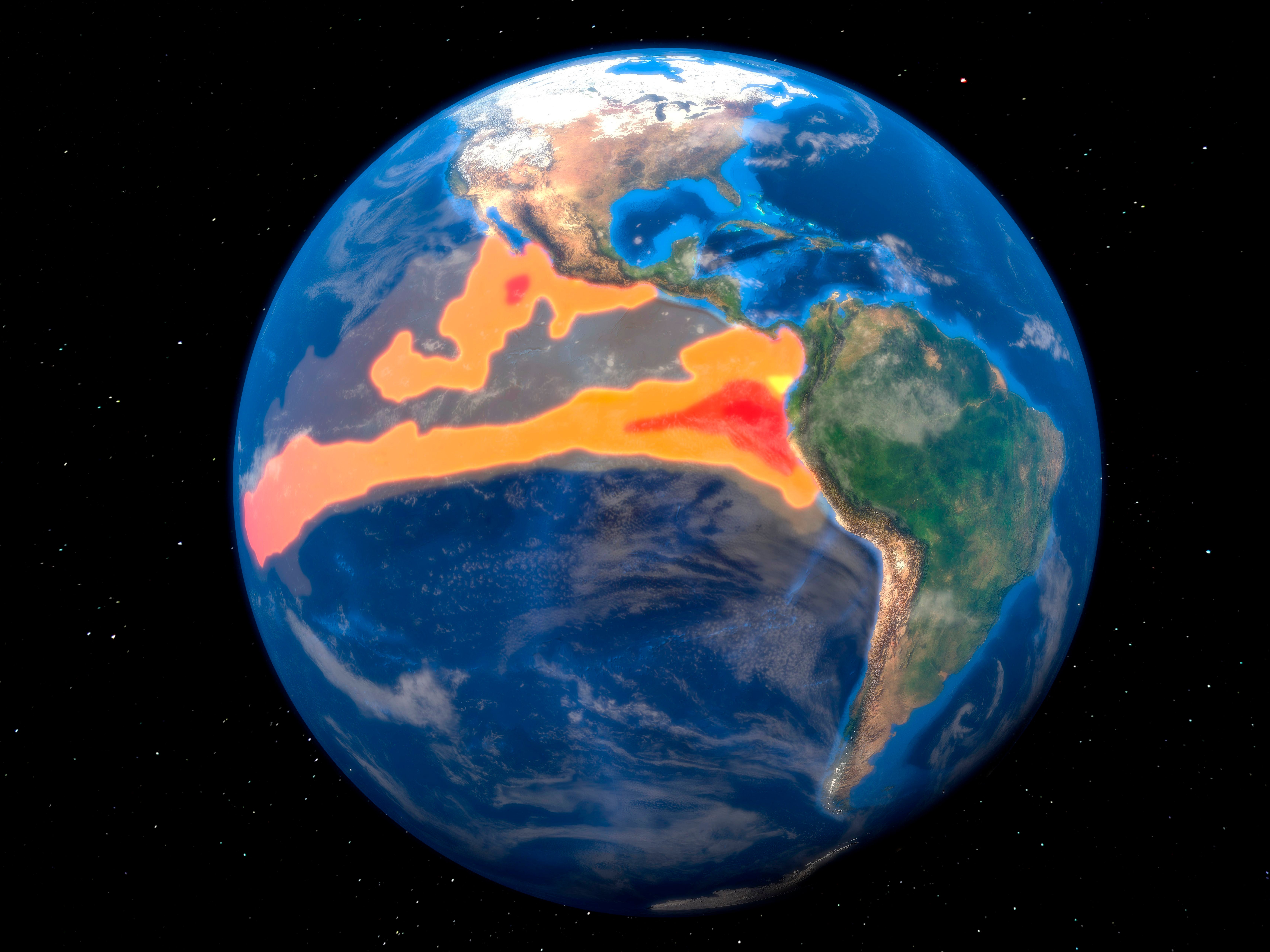 Globale Ansicht der Erde mit farblich markiertem El Niño-Gebiet im tropischen Pazifik.