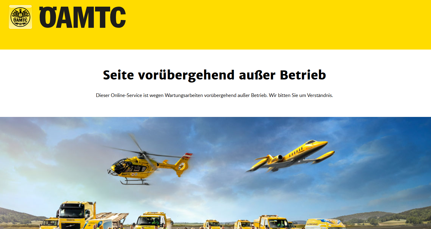 ÖAMTC-Wartungsseite mit Hinweis „Seite vorübergehend außer Betrieb“, gelbe Einsatzfahrzeuge im Bild.