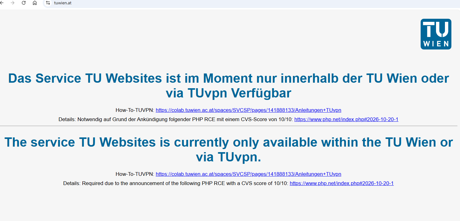 Hinweis auf der TU Wien Website, dass der Service nur über TU Wien oder TUvpn verfügbar ist.