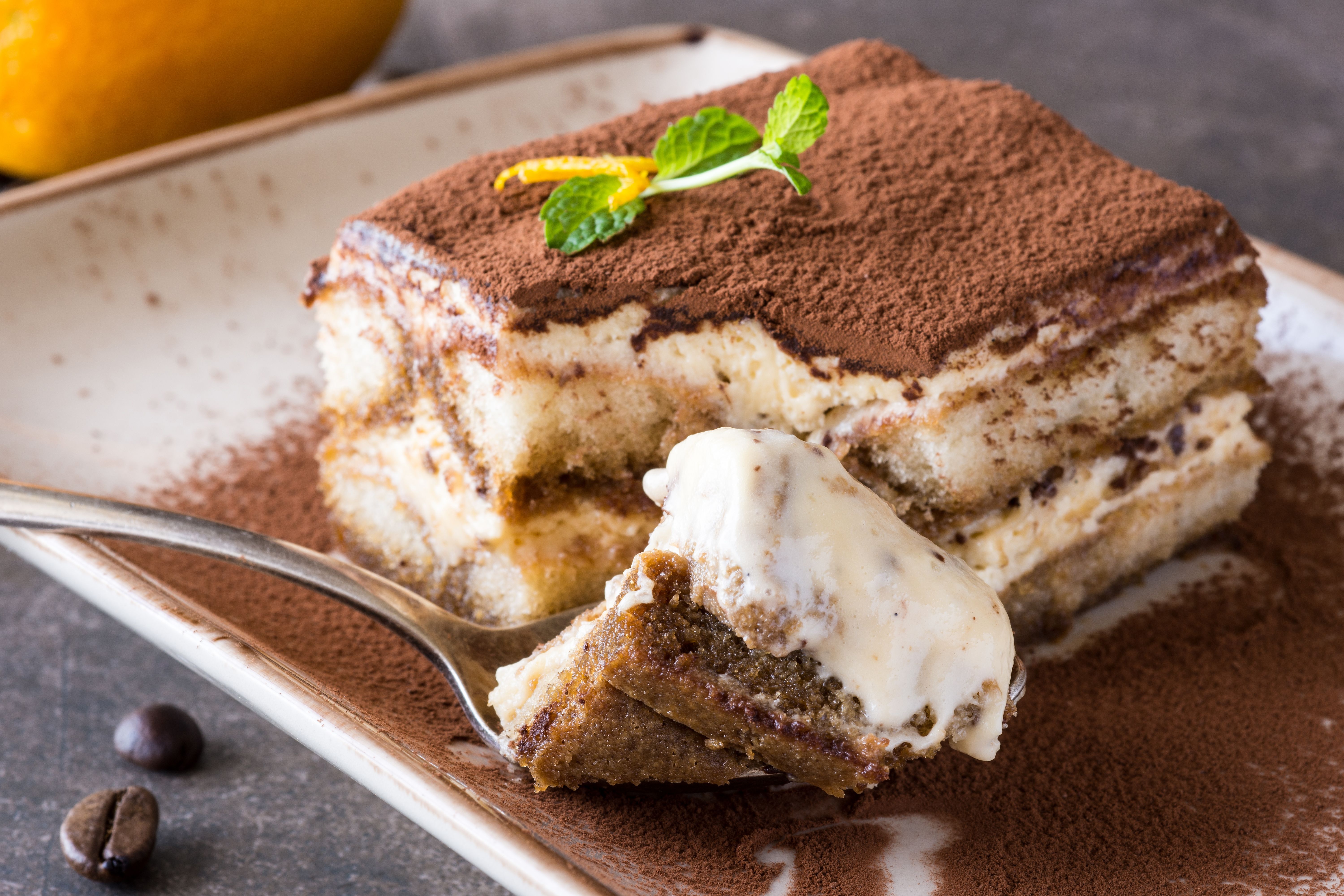 Ein Stück Tiramisu mit Kakaopulver und Minze, eine Gabel mit einem Bissen davor.