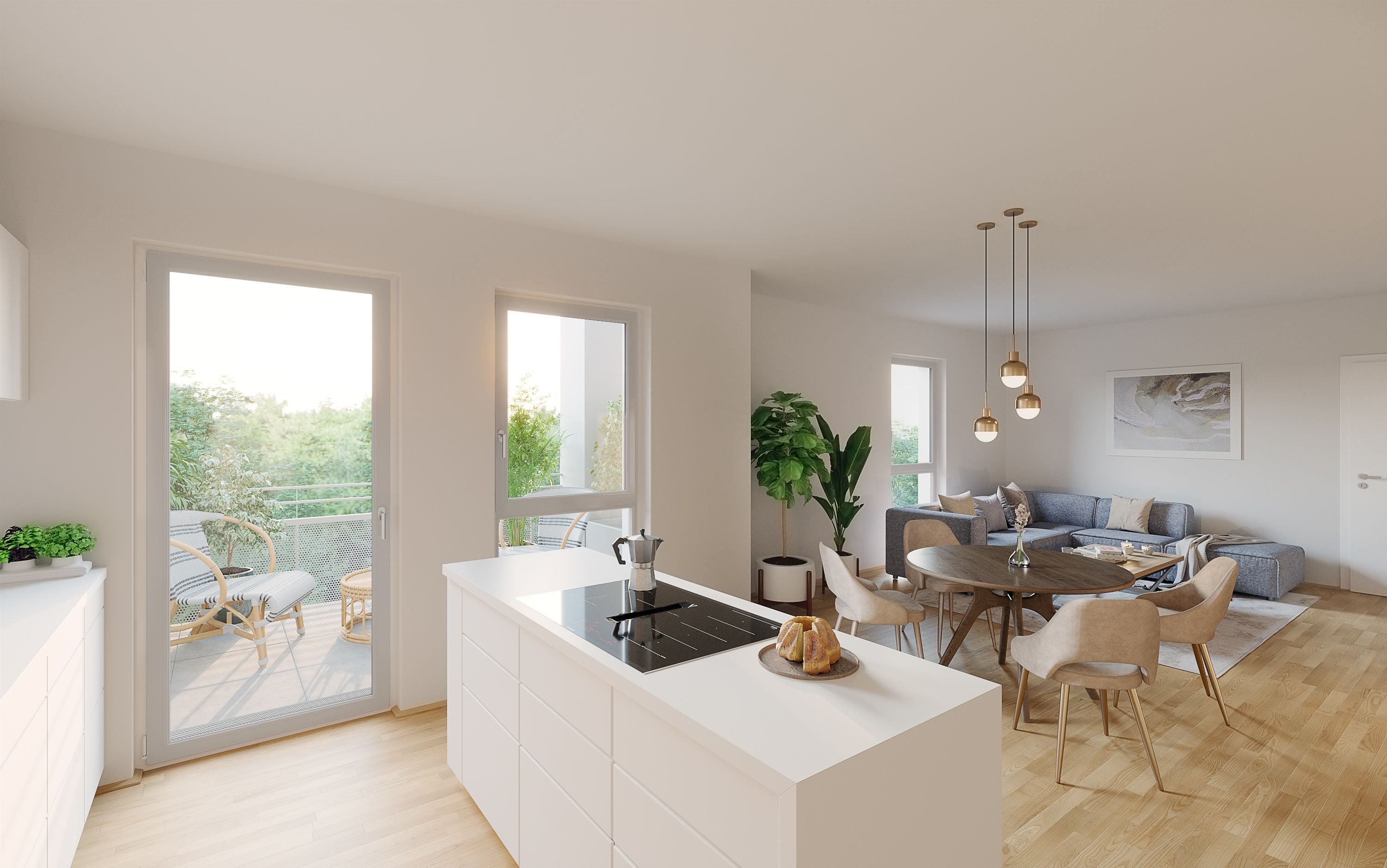Helle, moderne Wohnküche mit Essbereich, Sitzecke und Zugang zum Balkon mit Gartenblick.