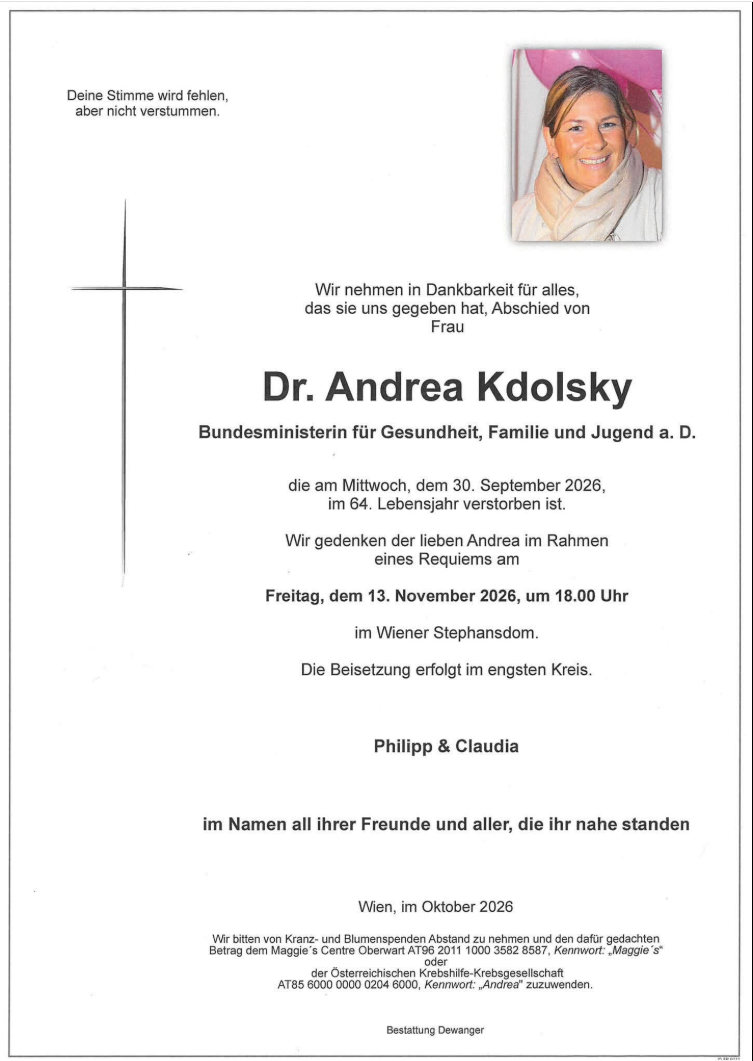 Traueranzeige für Dr. Andrea Kdolsky mit Foto und Angaben zur Beisetzung im Wiener Stephansdom.