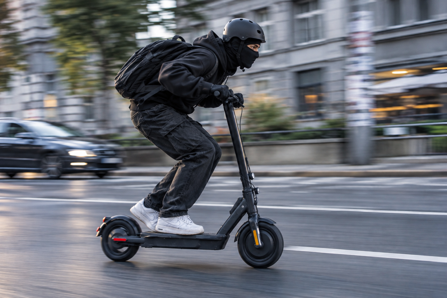 Person mit schwarzem Hoodie, Helm und Maske fährt schnell mit E-Scooter auf einer Stadtstraße.