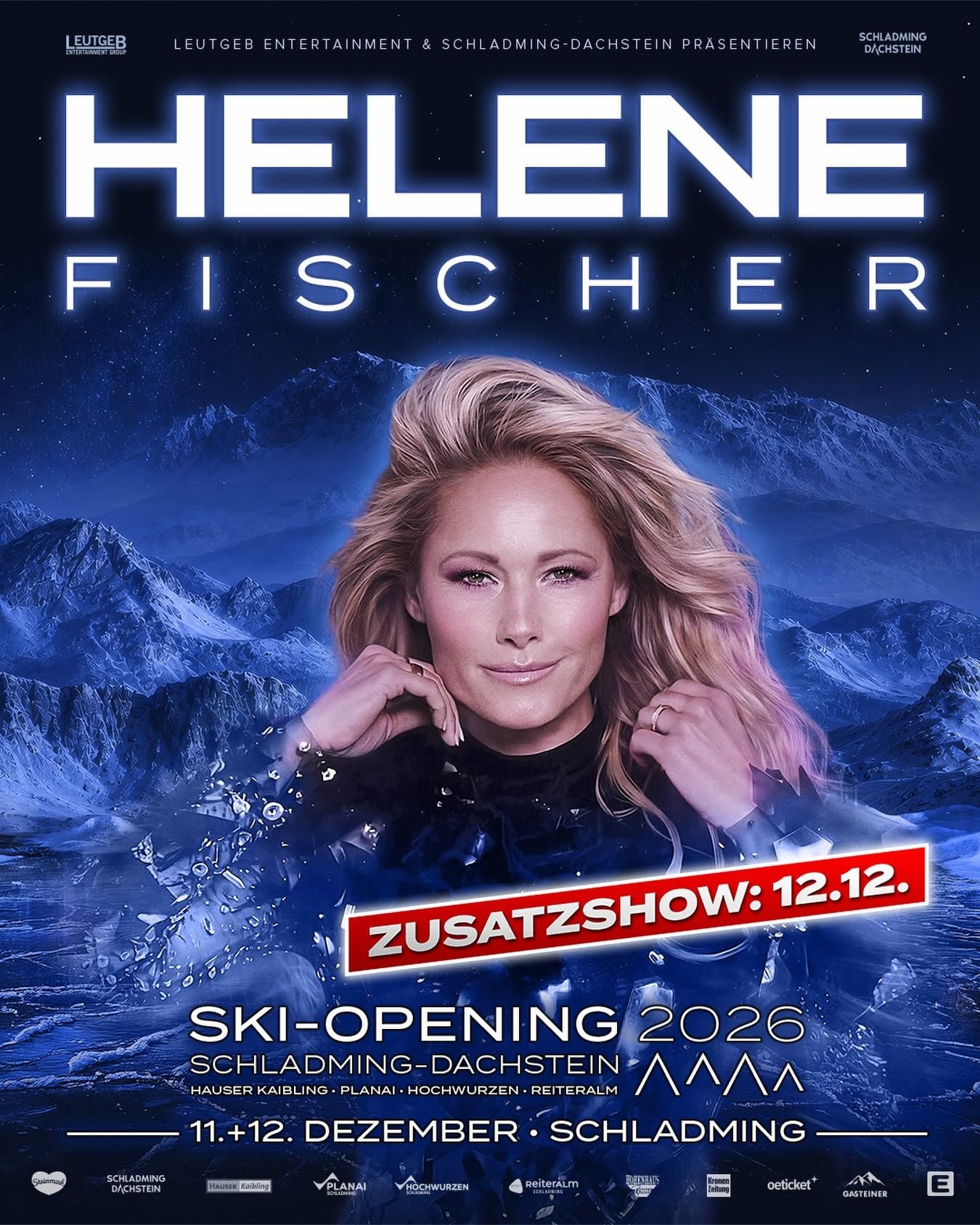 Plakat für das Helene Fischer Ski-Opening 2026 in Schladming mit Zusatzshow am 12. Dezember.