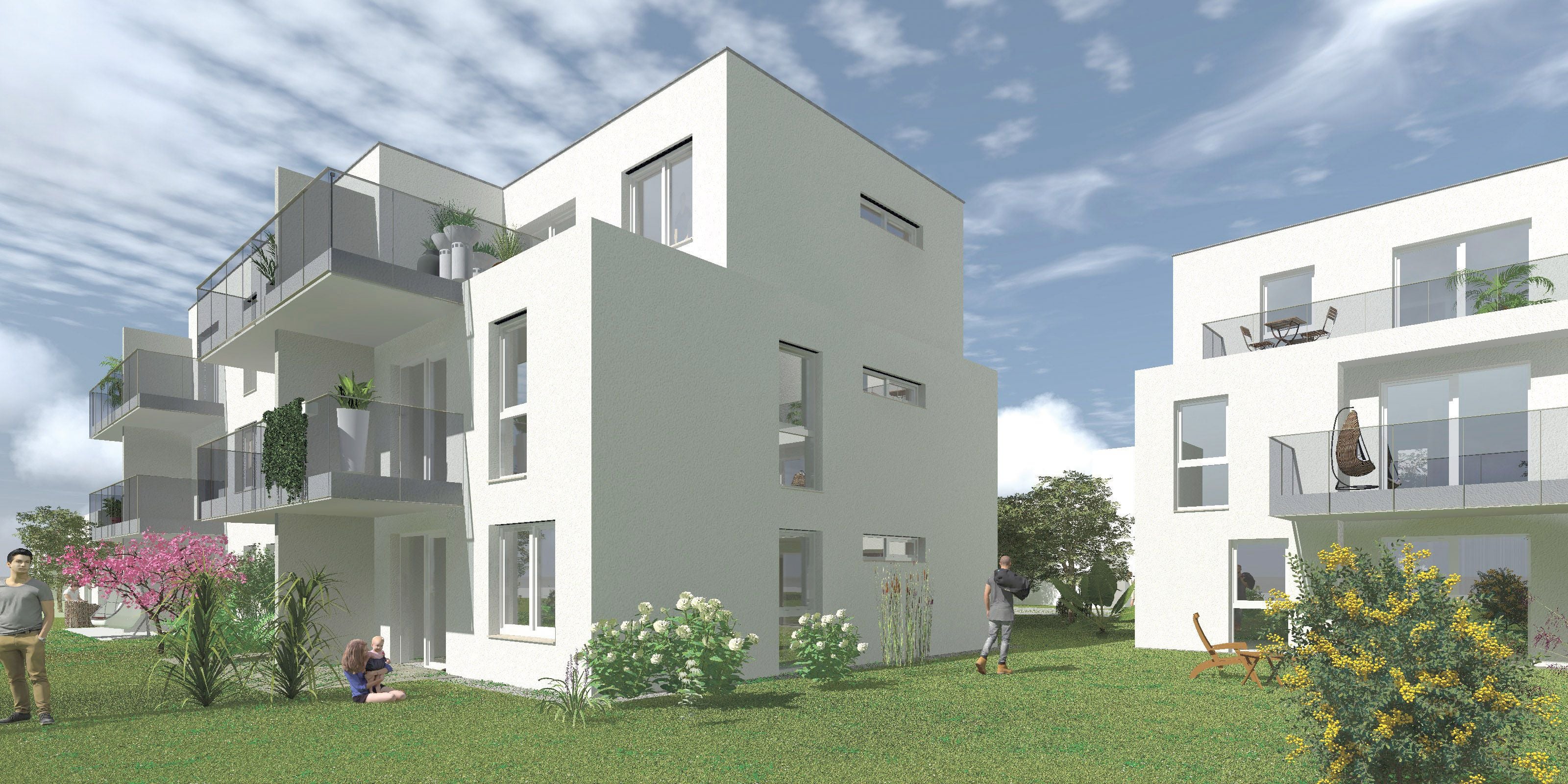 Moderne Mehrfamilienhäuser mit Balkonen und grünem Gartenbereich, Menschen genießen den Außenbereich.