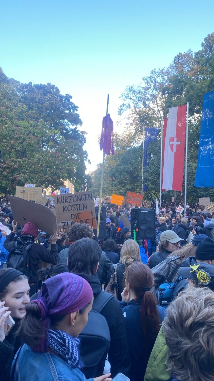Menschenmenge bei einer Demonstration mit Schildern und einer österreichischen Fahne.