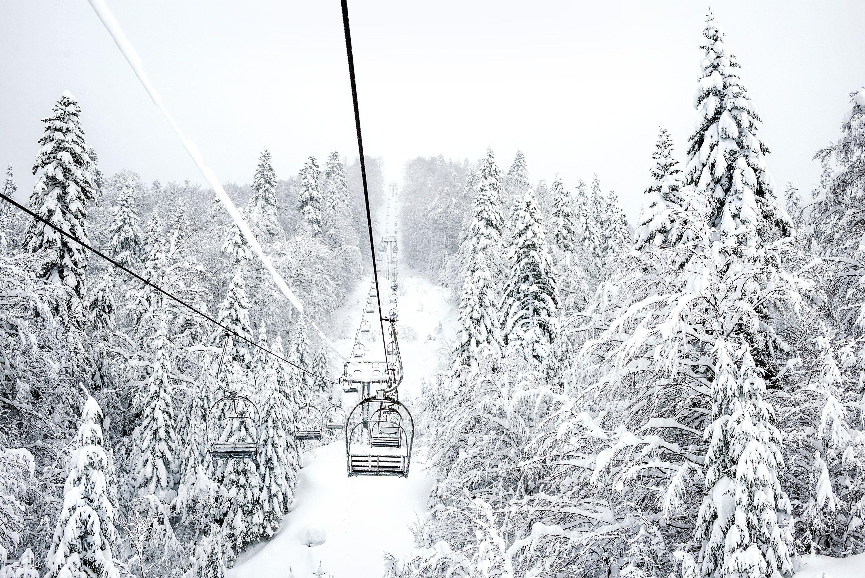 Leerer Skilift fährt durch verschneiten Nadelwald im Skigebiet Kolasin 1450 in Montenegro.