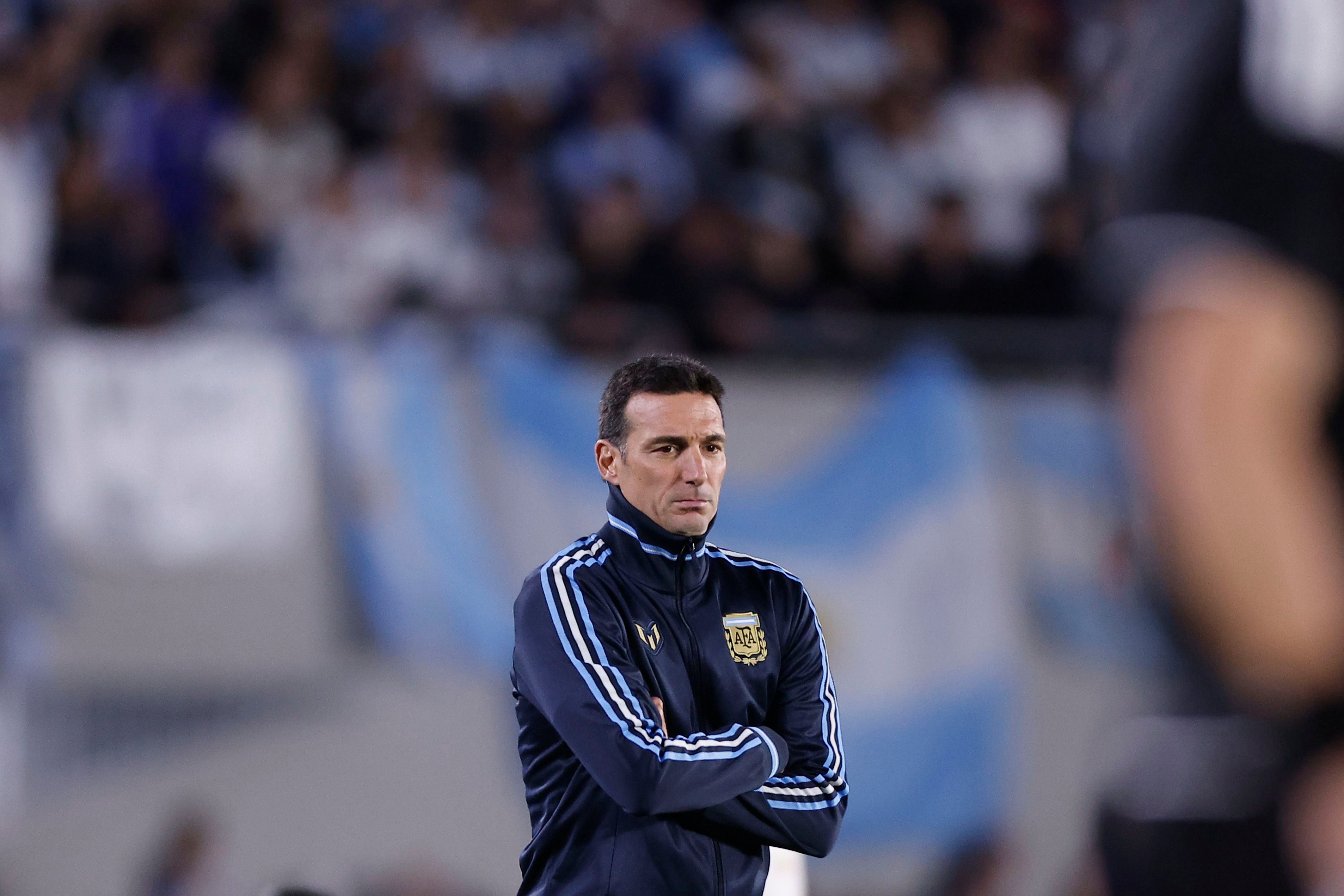 epa13286263 Argentina's head coach Lionel Scaloni reacts during an international friendly match between Argentina and Benin at the Estadio Monumental in Buenos Aires, Argentina, 06 October 2026. The match marks the final international appearance for Lionel Messi, ending his 21-year career with the Argentina national team. EPA/Juan Ignacio Roncoroni