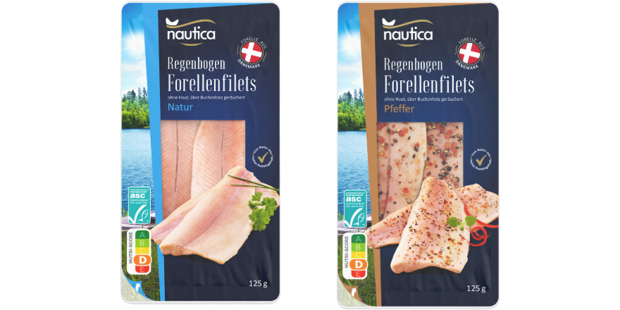 Zwei Packungen Nautica Regenbogen-Forellenfilets, Sorte Natur und Pfeffer, je 125 g.