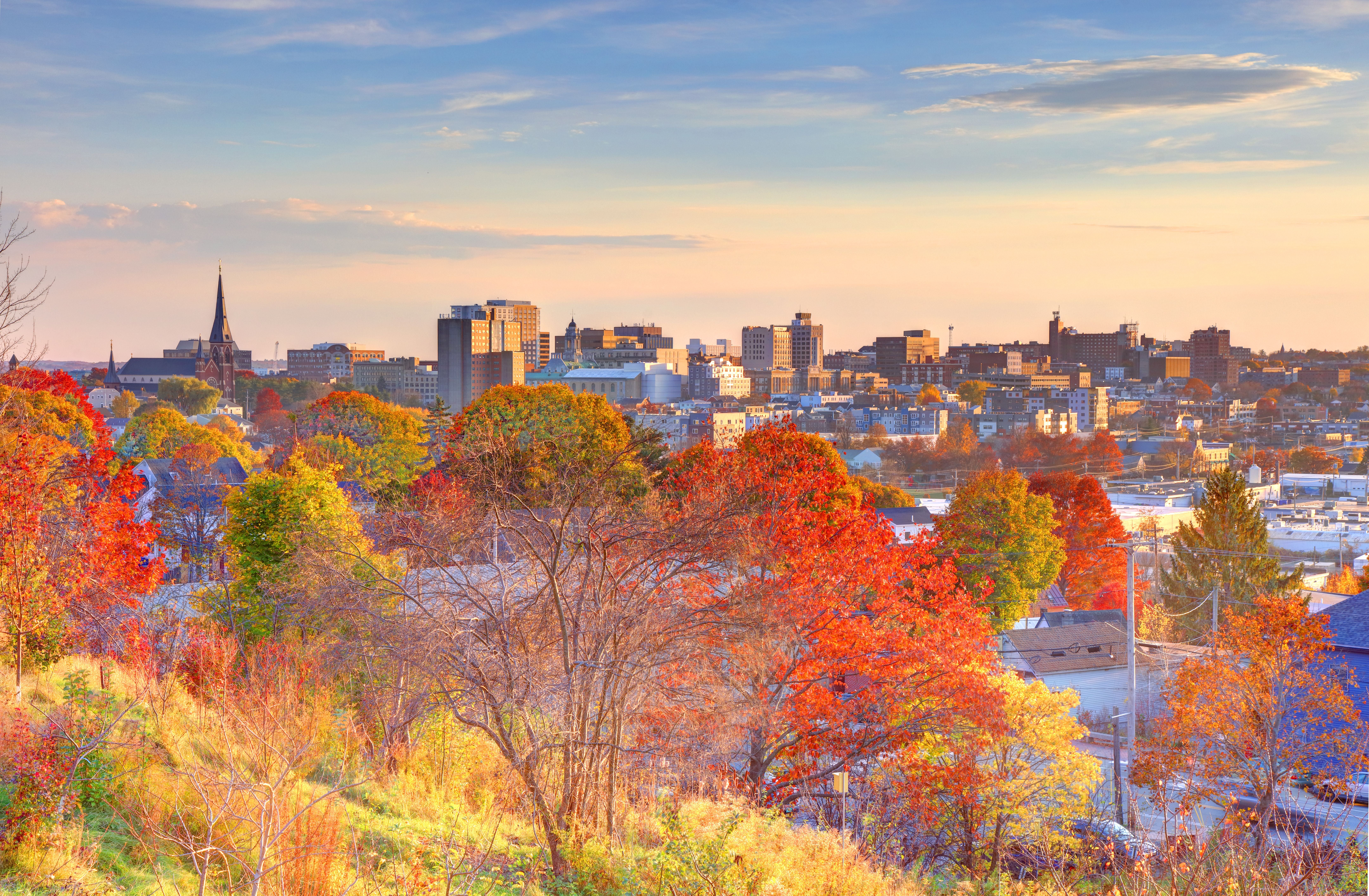 Blick auf die Skyline von Portland, Maine, mit herbstlich bunten Bäumen im Vordergrund.