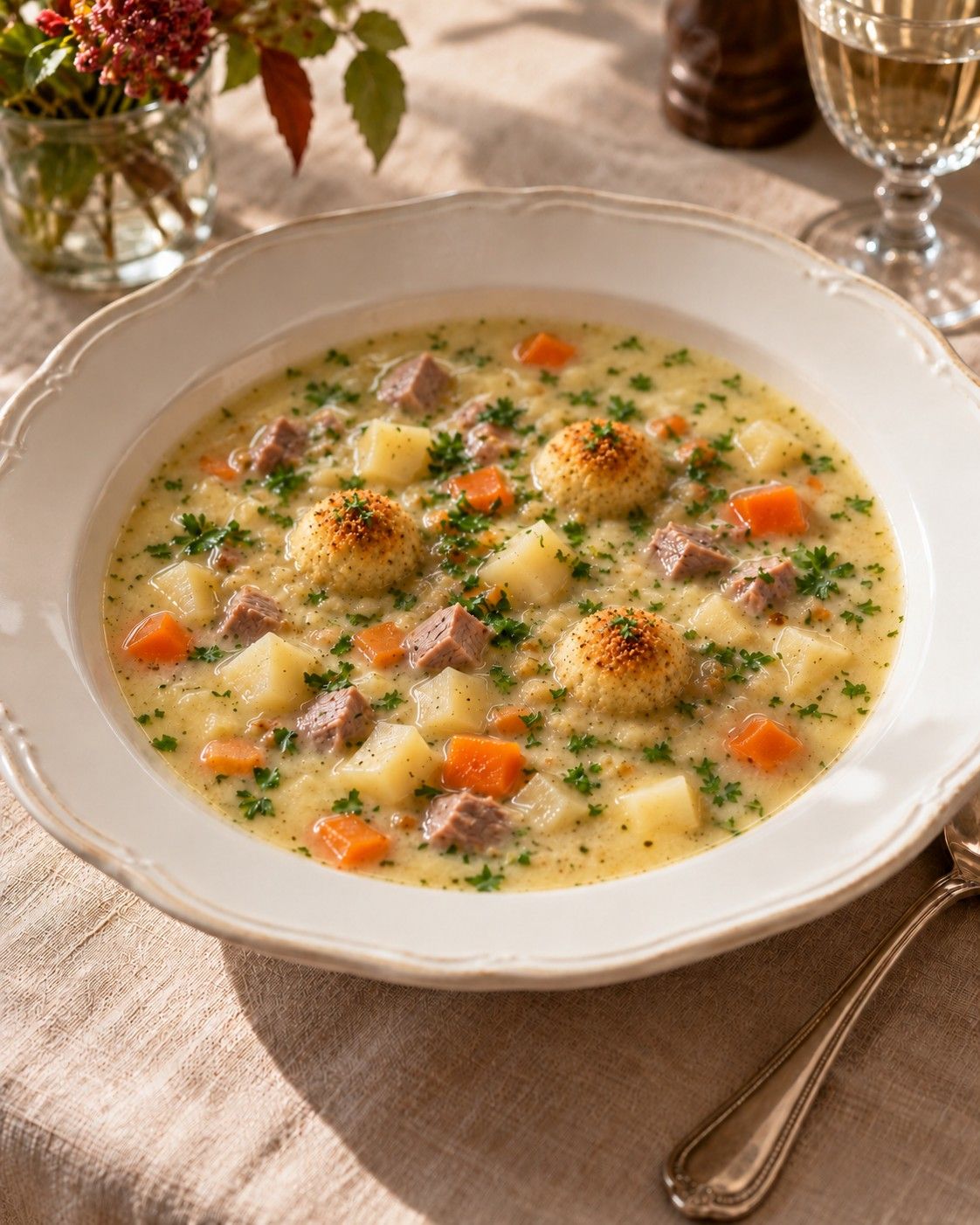 Teller mit cremiger Suppe, Fleischwürfeln, Klößen, Karotten, Kartoffeln und Petersilie.