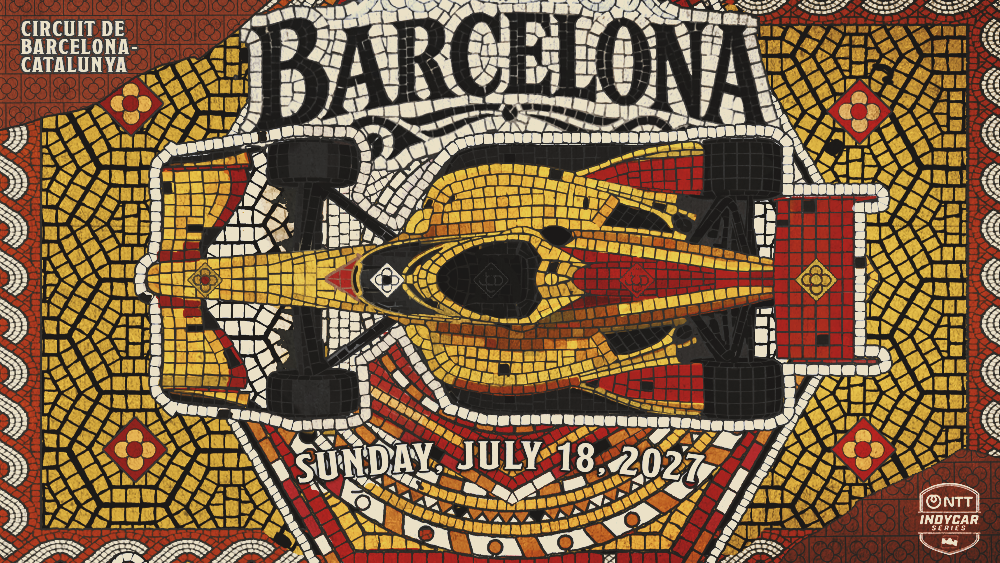 Ein IndyCar-Rennwagen ist im Mosaik-Stil dargestellt, umrahmt von den Schriftzügen "Barcelona", "Circuit de Barcelona-Catalunya" und dem Renndatum "Sunday, July 18, 2027".