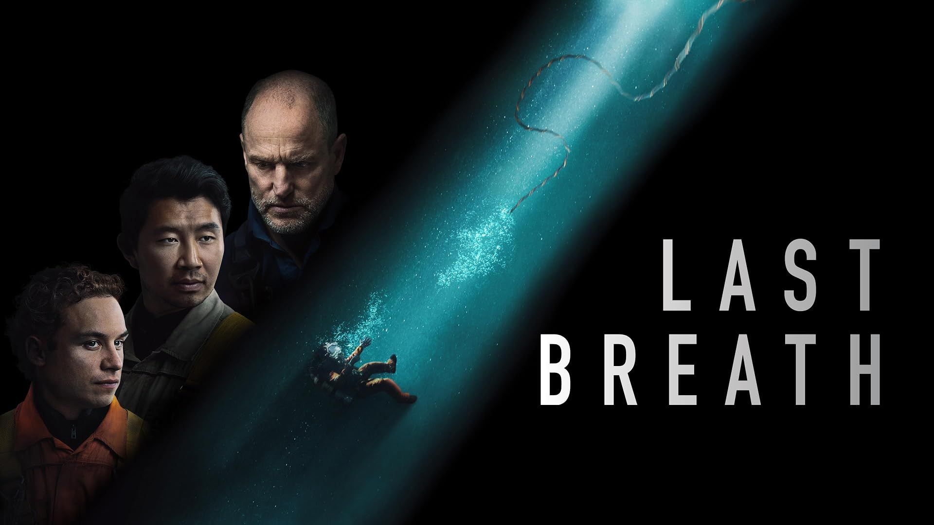 Drei Männer blicken ernst, daneben ein Taucher unter Wasser und der Titel "Last Breath".