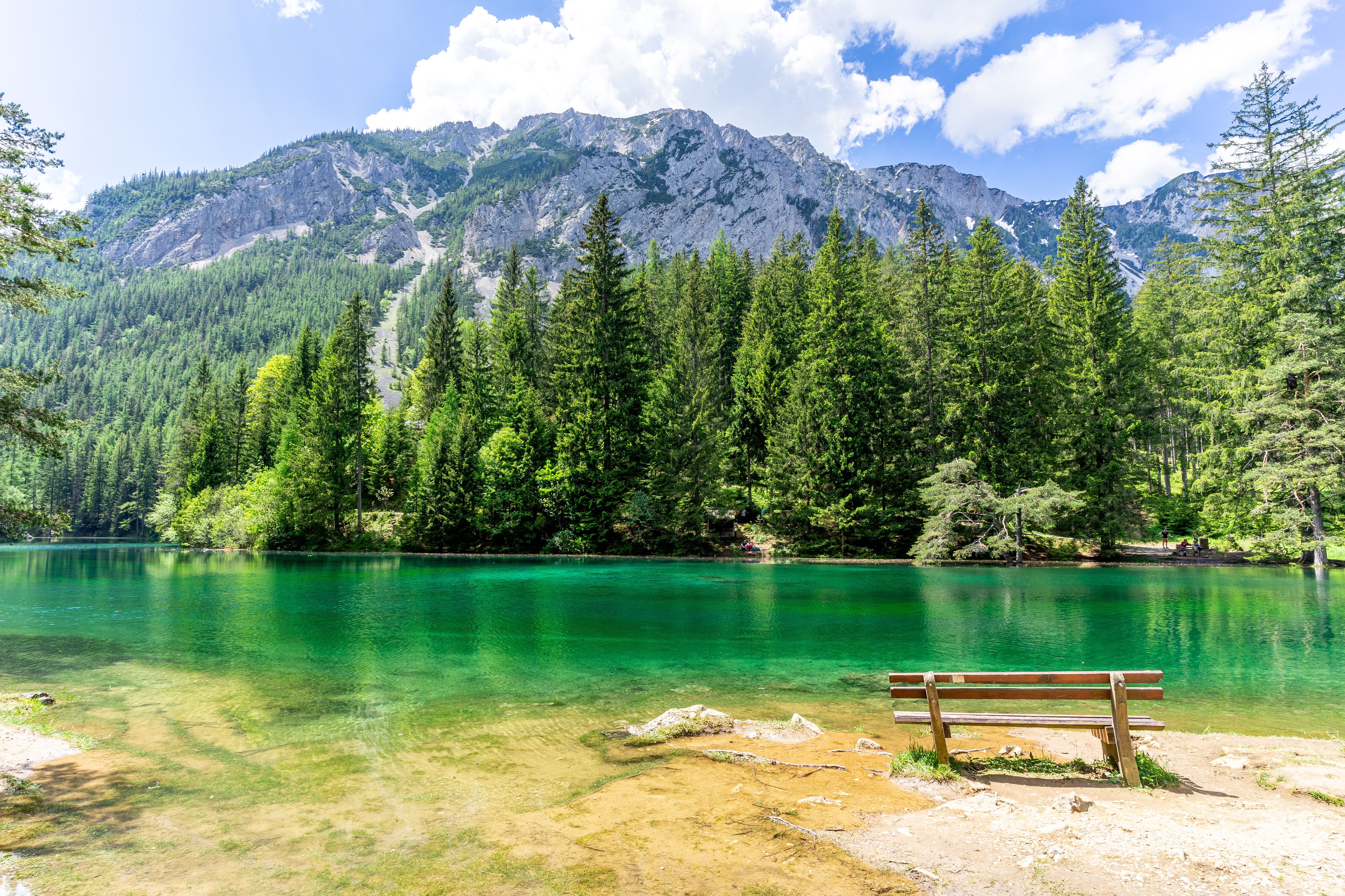 Bank am Ufer des Grünen Sees mit Blick auf türkisfarbenes Wasser, Tannenwald und Berge.