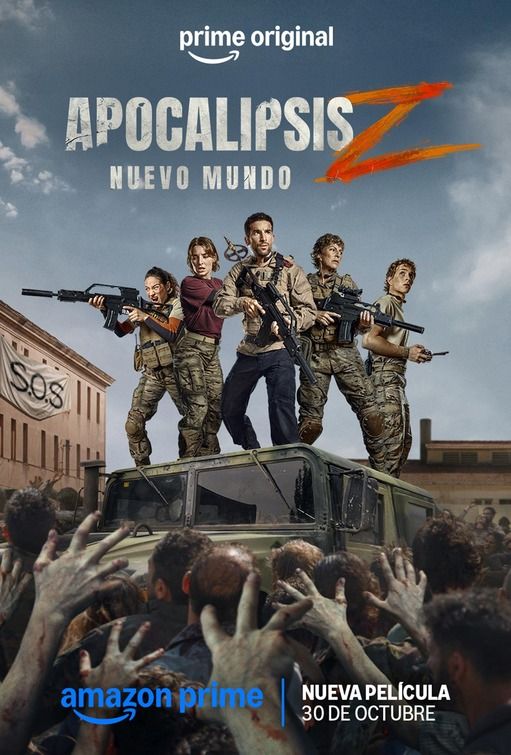 Fünf Bewaffnete stehen auf einem Fahrzeug, umgeben von Zombies, mit „Apocalipsis Z“-Titel oben.