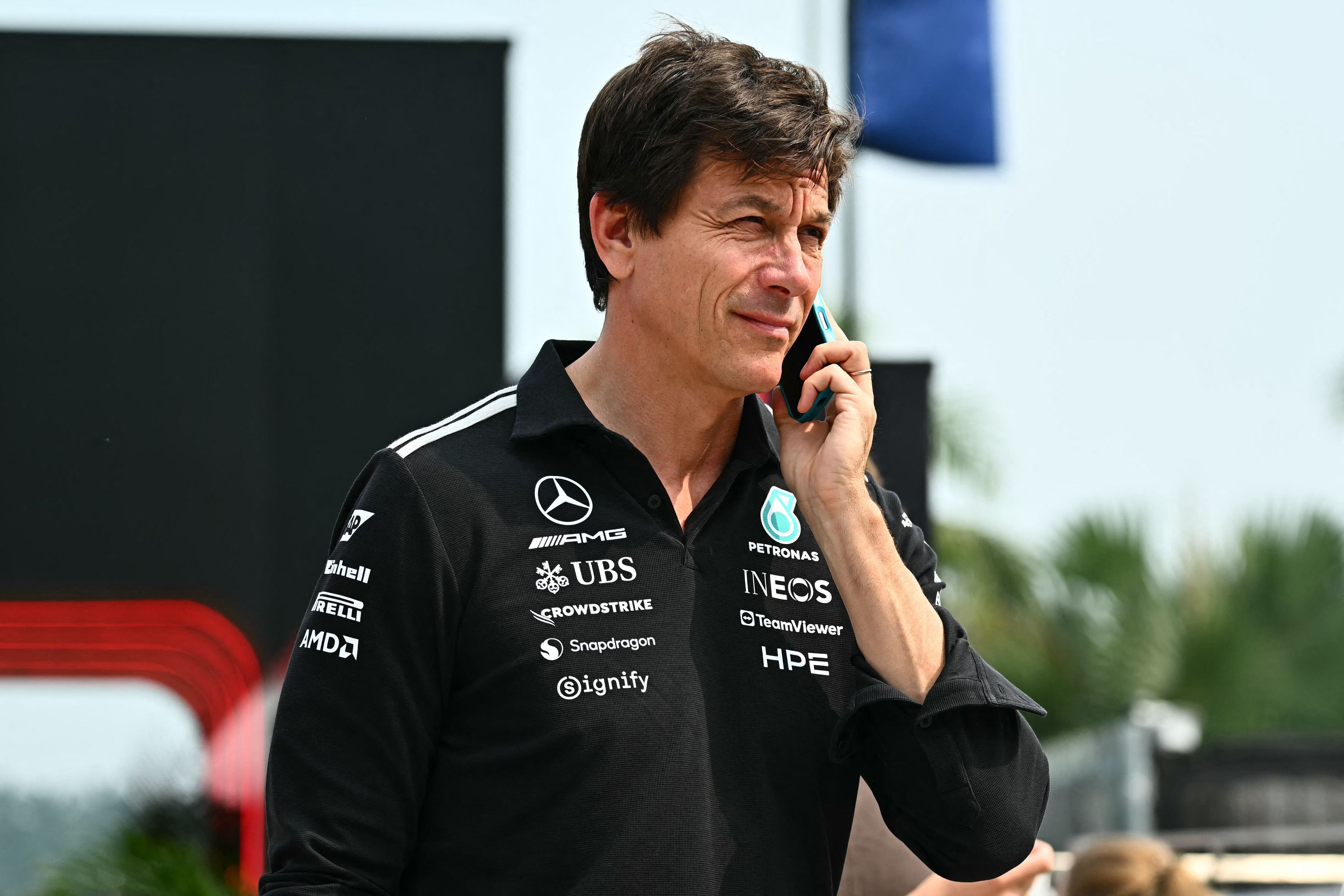 Mercedes' Austrian team principal and CEO Toto Wolff arrives ahead of the Formula One Bahrain Grand Prix in Sepang on October 4, 2026. (Photo by Lillian SUWANRUMPHA / AFP)