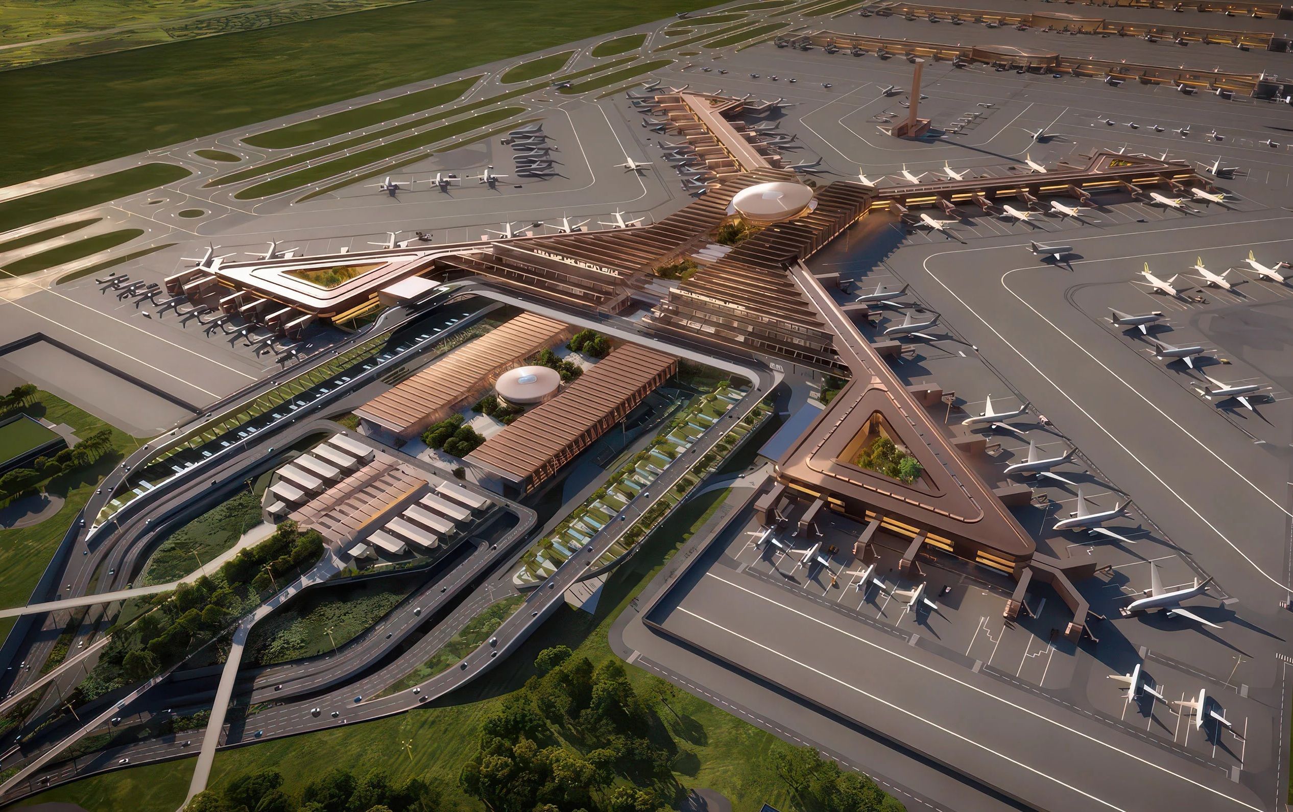 Luftaufnahme des modernen Bishoftu International Airport mit vielen Flugzeugen und Startbahnen.
