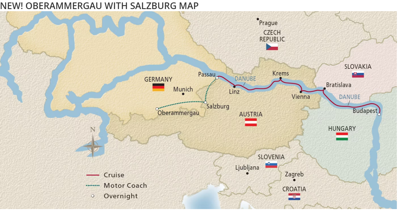 Karte mit Reiseroute per Kreuzfahrt und Bus von Oberammergau über Salzburg bis Budapest.