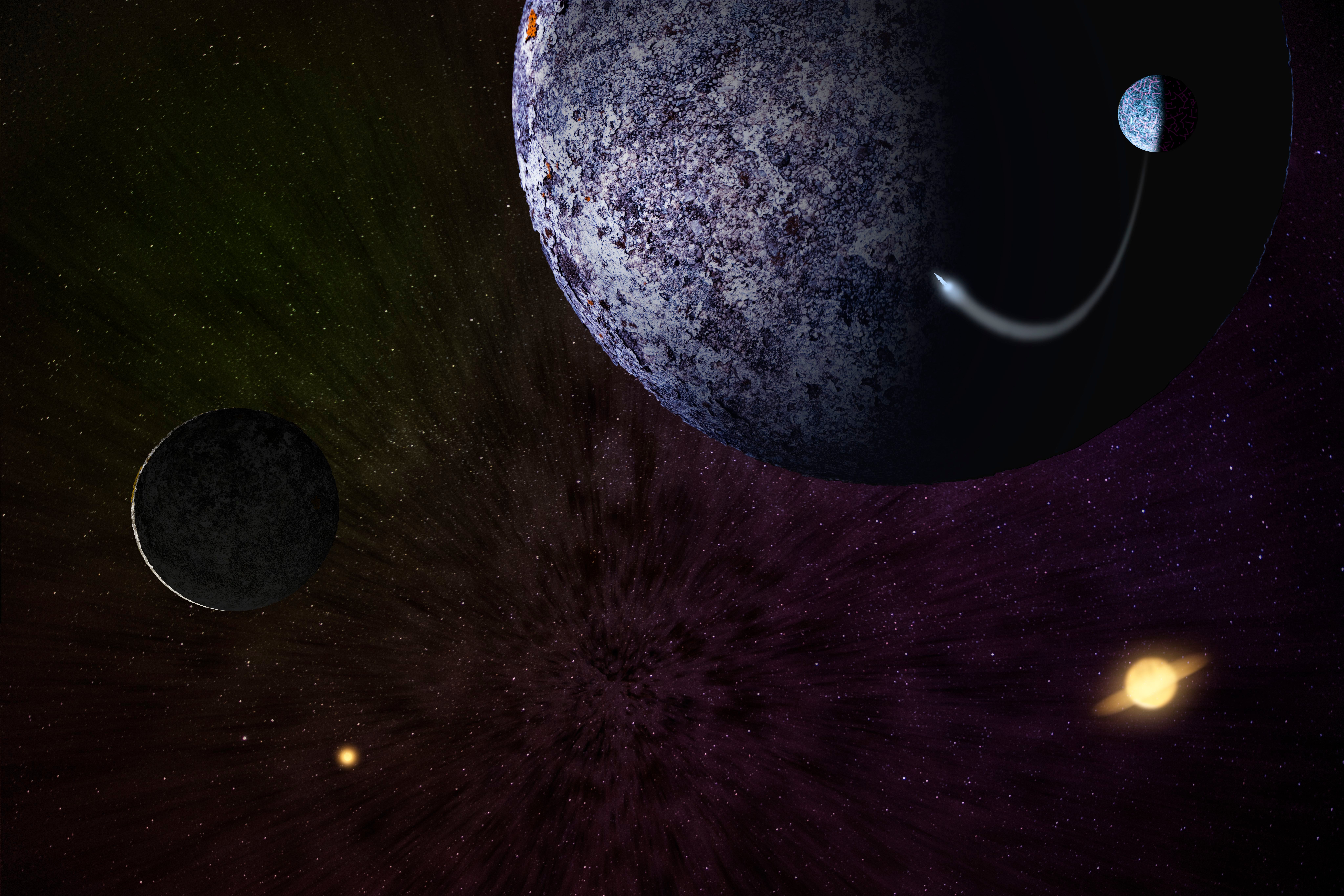 Illustration mit mehreren Planeten, Sternen und einem Raumschiff im Weltraum.