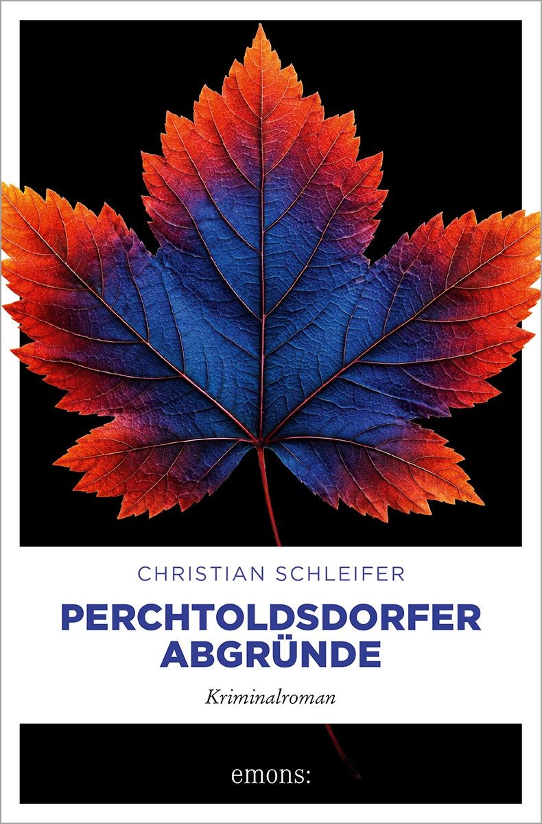 Buchcover mit rotem und blauem Ahornblatt auf schwarzem Hintergrund, darunter Buchtitel und Autor.
