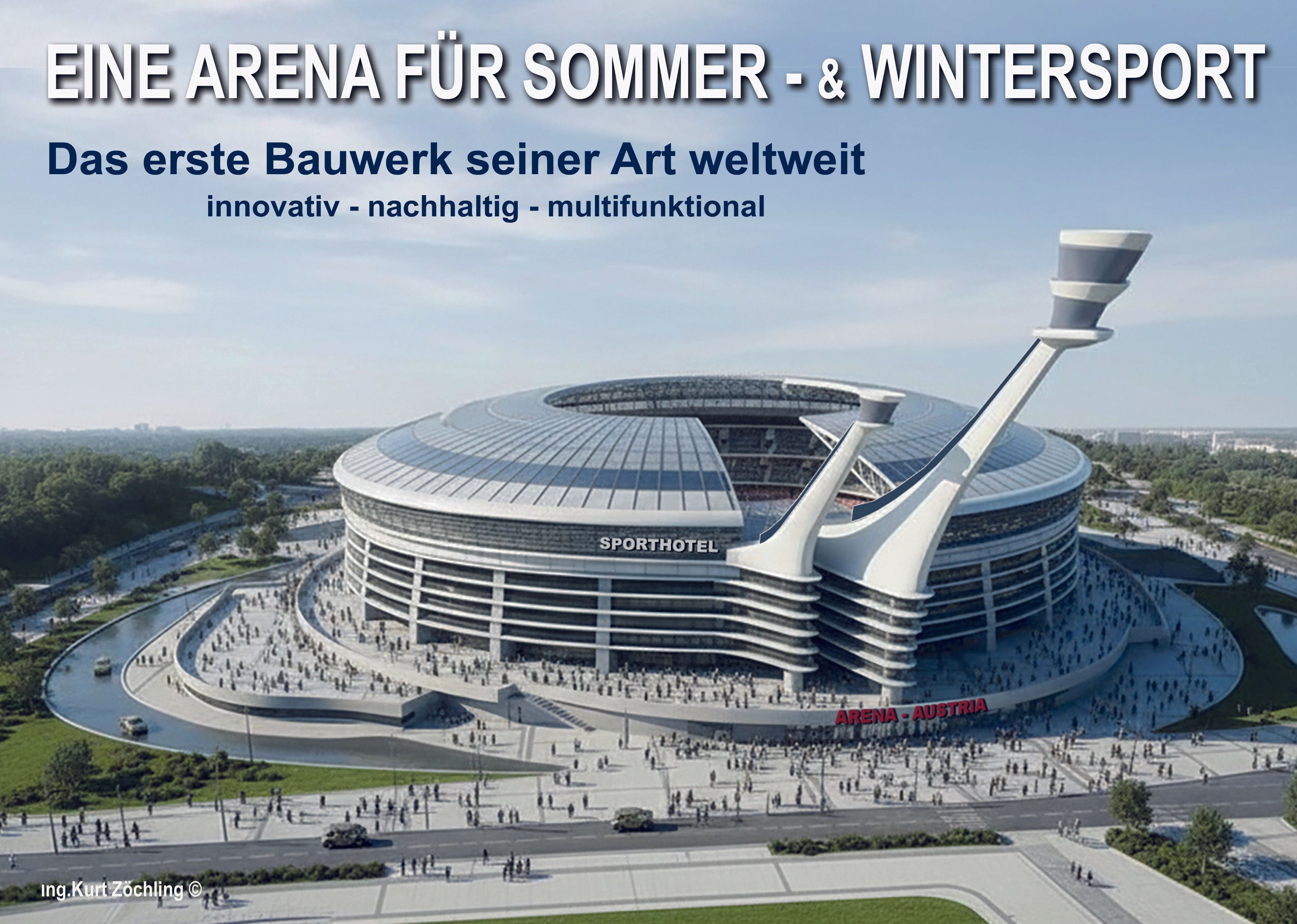 Visualisierung einer modernen, runden Multifunktionsarena mit Aufschrift "ARENA AUSTRIA" und "SPORTHOTEL".