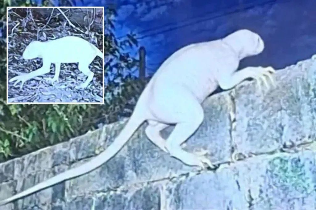 Eine seltsame, haarlose Kreatur mit langem Schwanz klettert über eine Steinmauer bei Nacht.