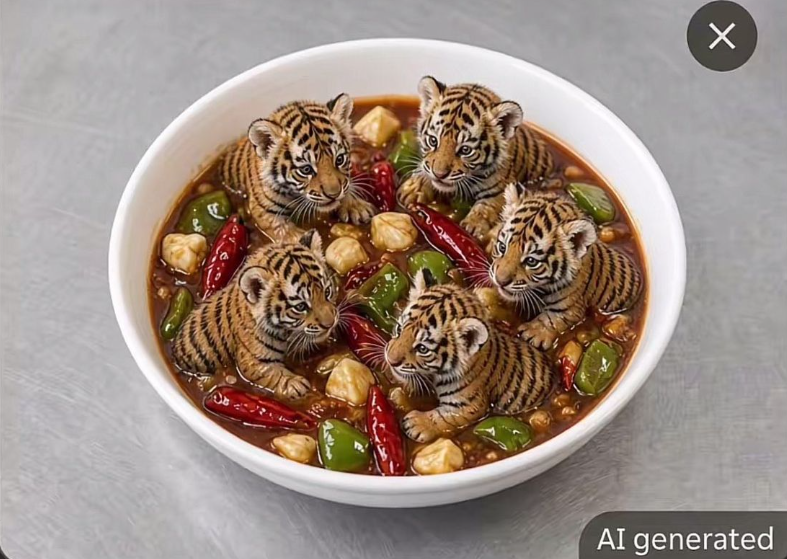 Fünf Tigerbabys sitzen in einer Schüssel mit asiatischem Gericht, KI-generiert.