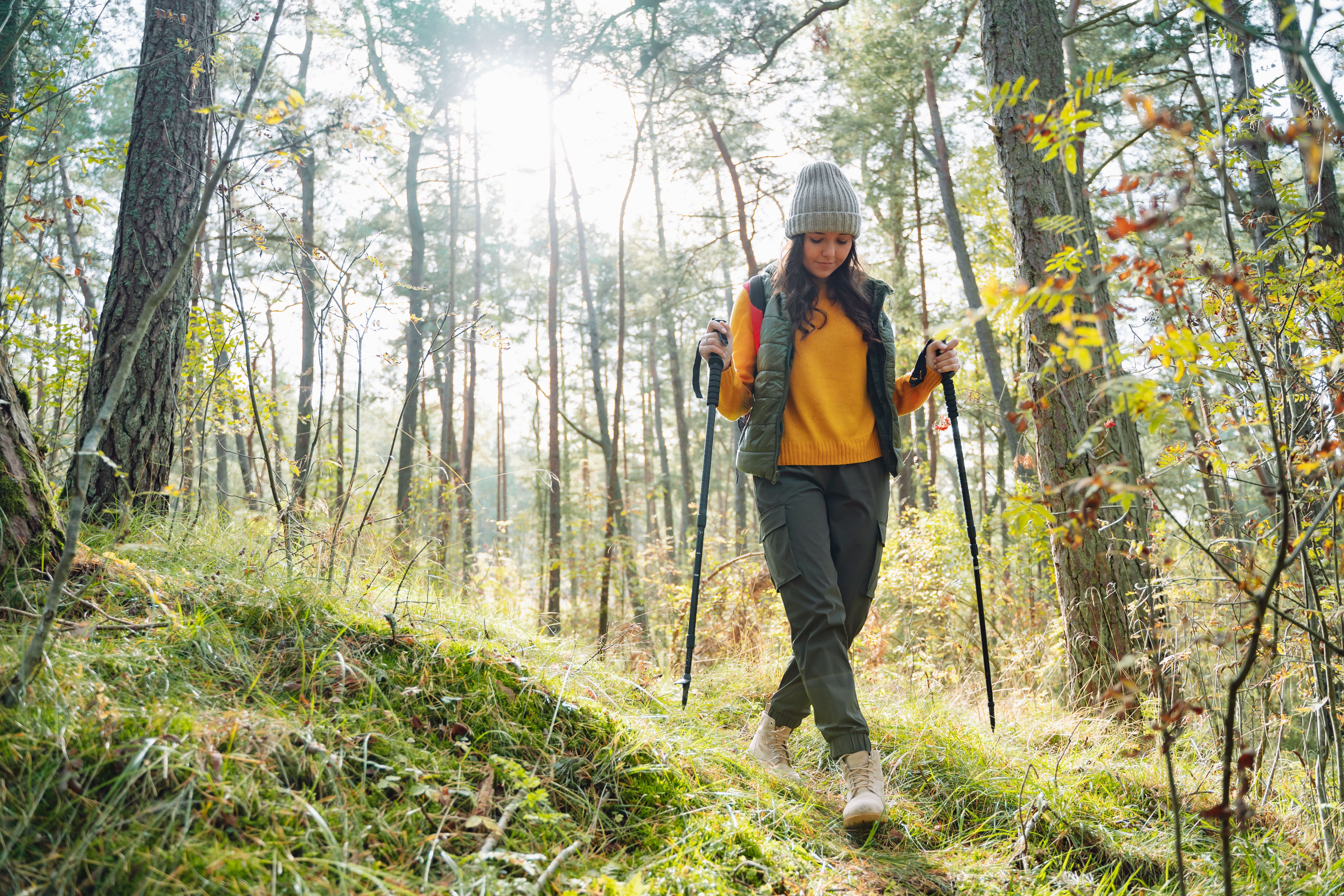 Junge Frau mit Rucksack wandert mit Stöcken durch einen sonnigen Wald.