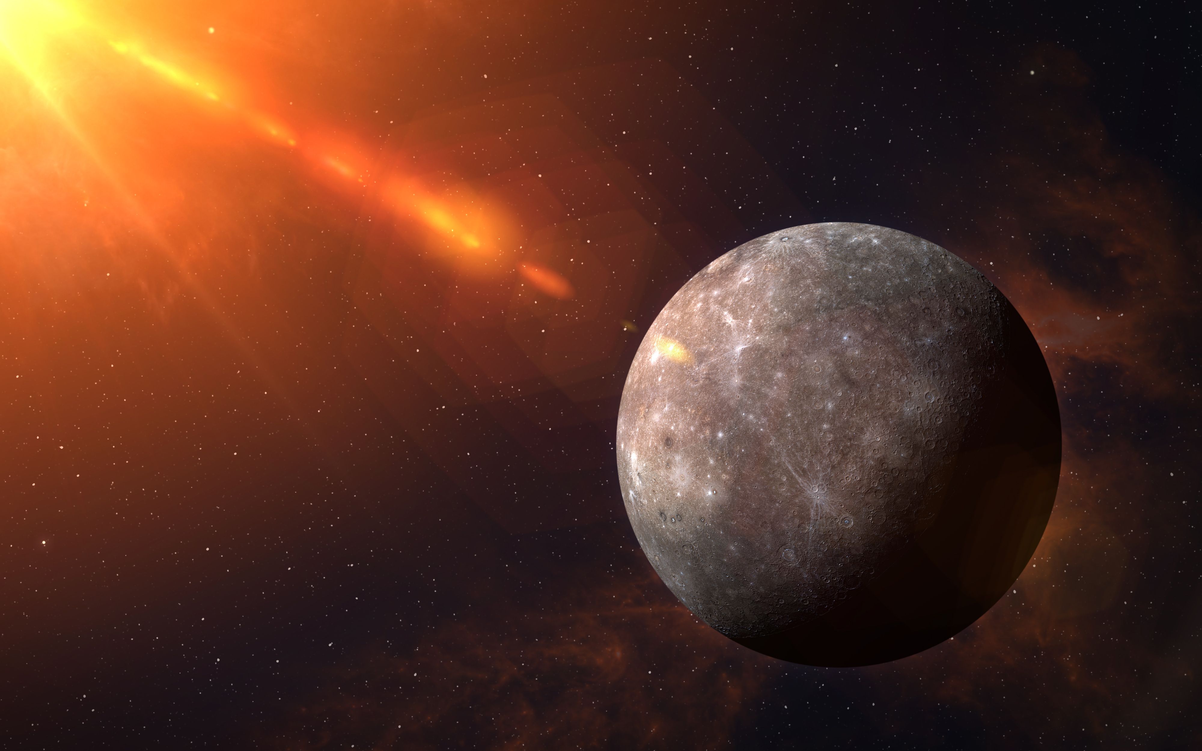 Der Planet Merkur im Weltraum vor einem leuchtenden Sonnenhintergrund und Sternen.