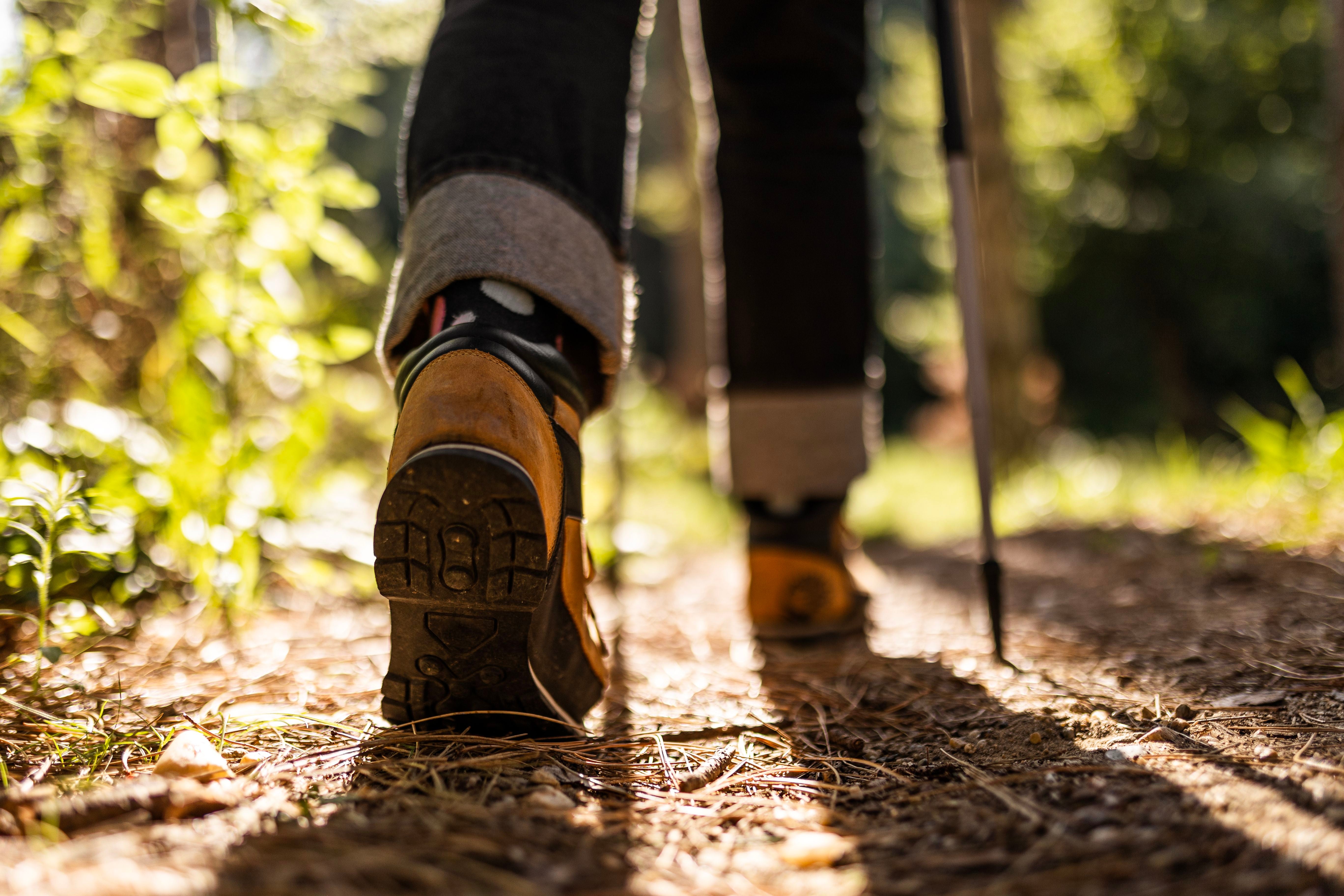 Nahaufnahme von Wanderschuhen auf einem Waldweg in der Sonne.